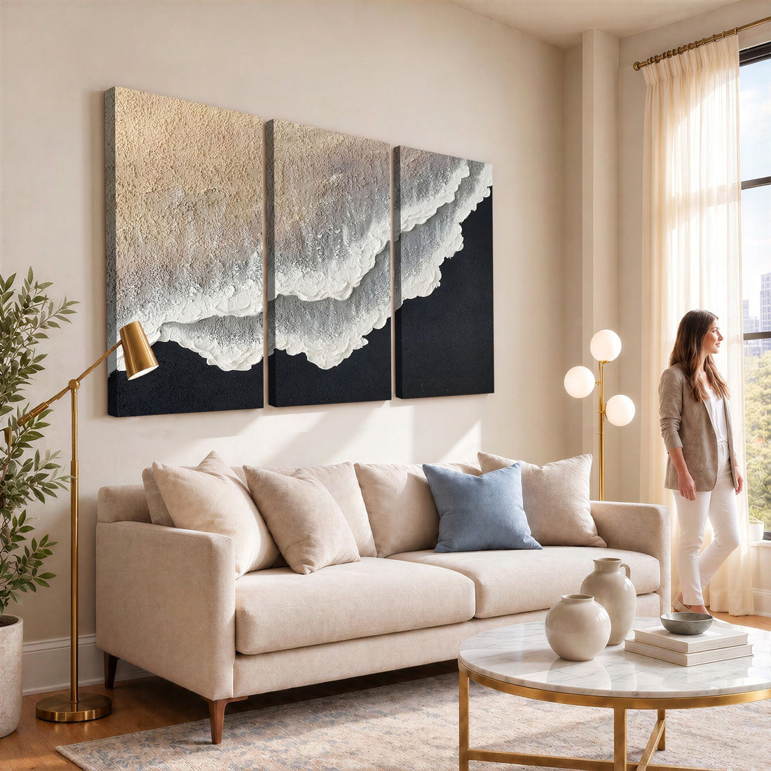 Ocean Wave and Sand Coastal Wall Art, Modern Beach Decor for Living Room