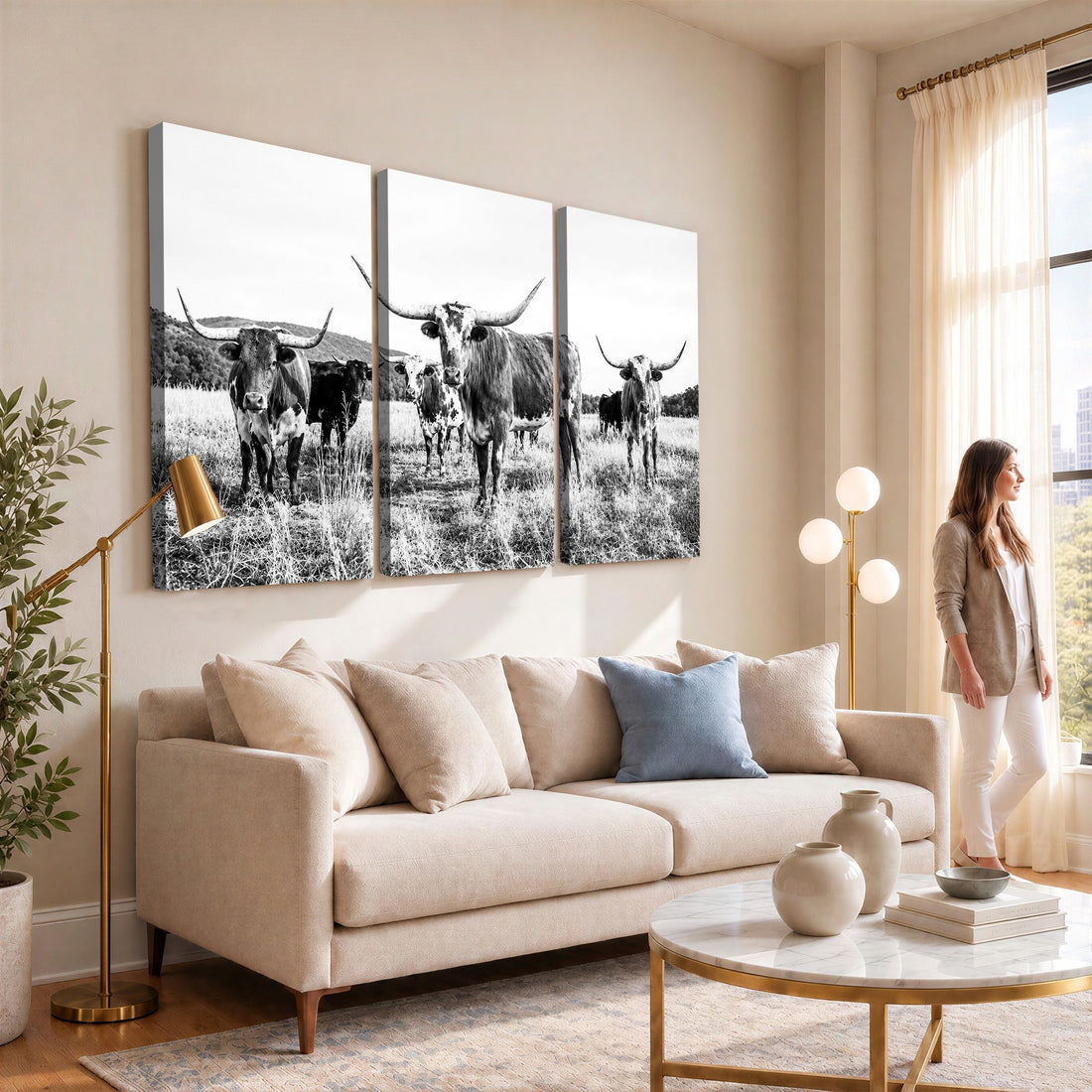 Black and White Longhorn Cattle Canvas Print, Western Ranch Wall Decor