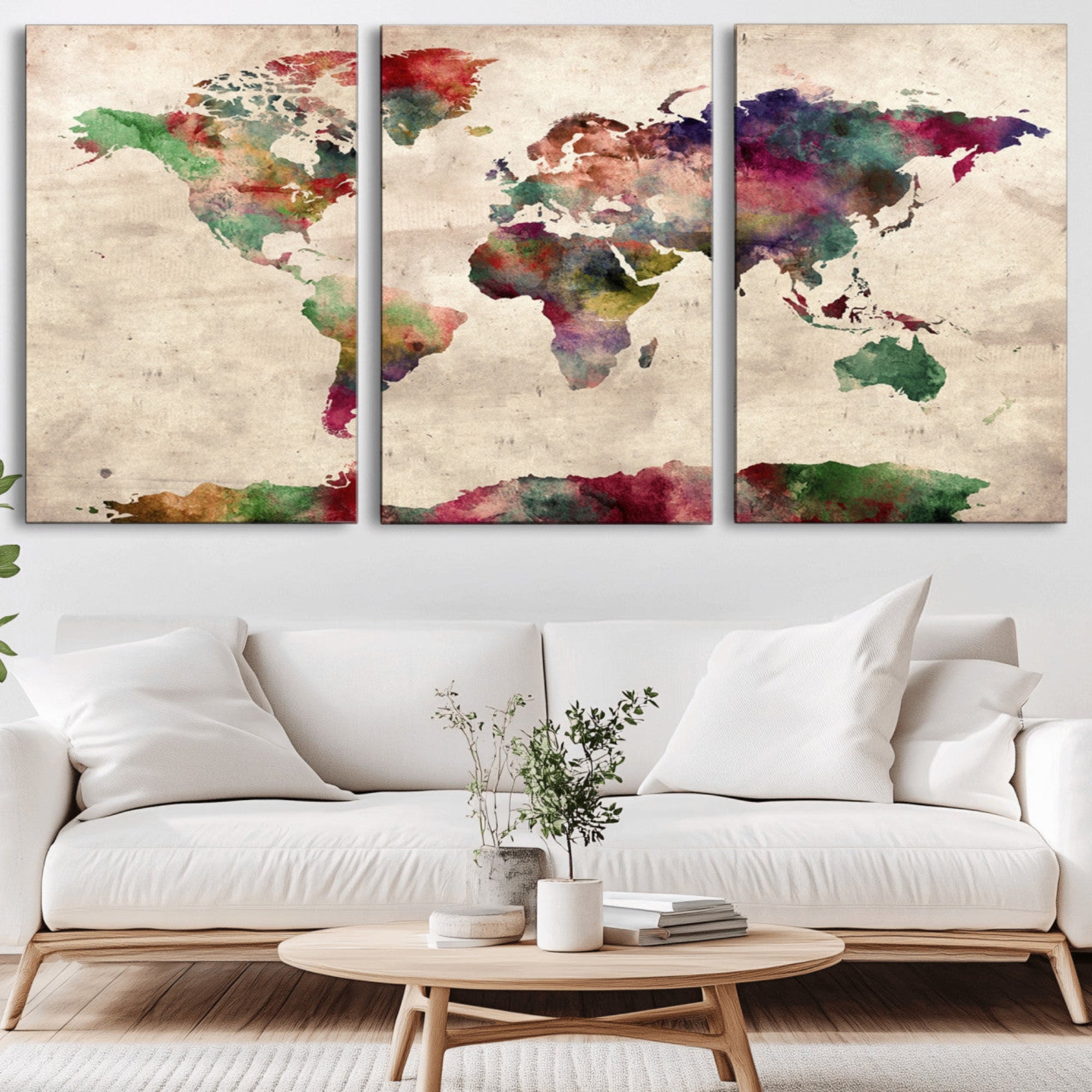 69476-MGV-CV-36X24-Watercolor World Map Canvas Print – Framed Push Pin Wall Art for Couples, Colorful Travel Map Artwork for Elegant Home and Office Decor
