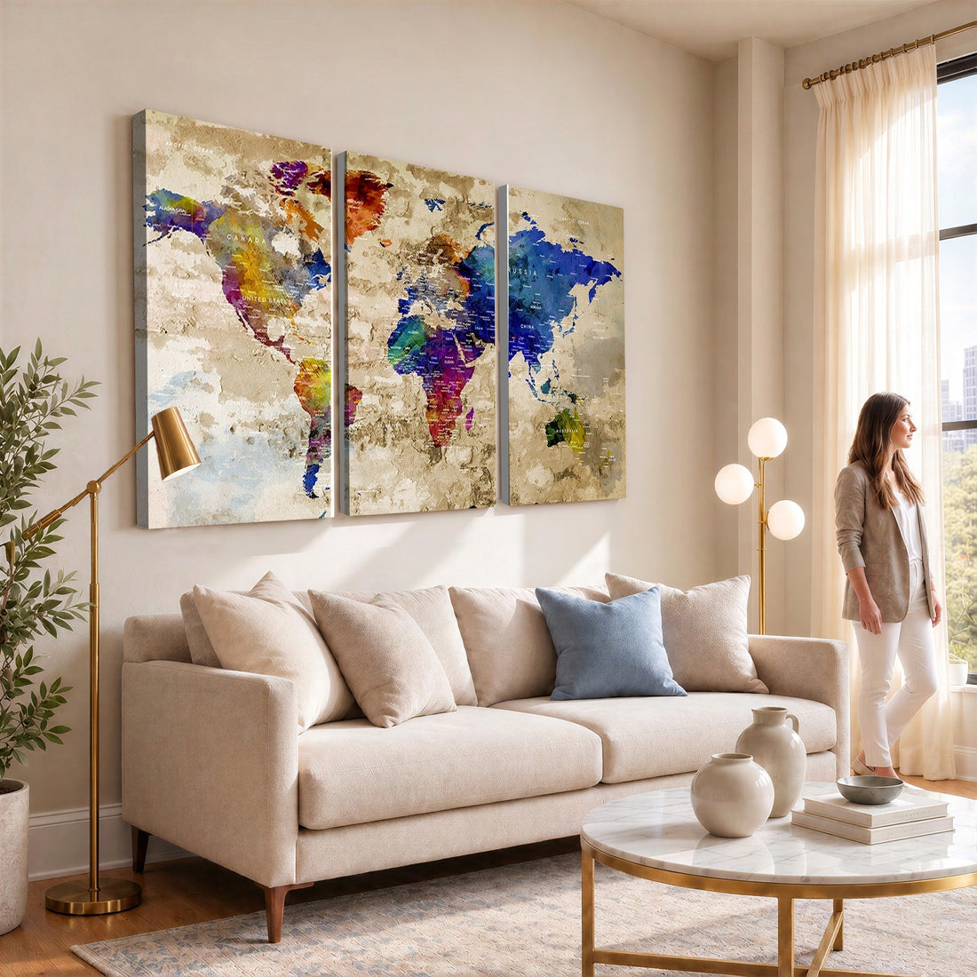Colorful World Map Canvas Wall Art | Abstract Watercolor Map Print