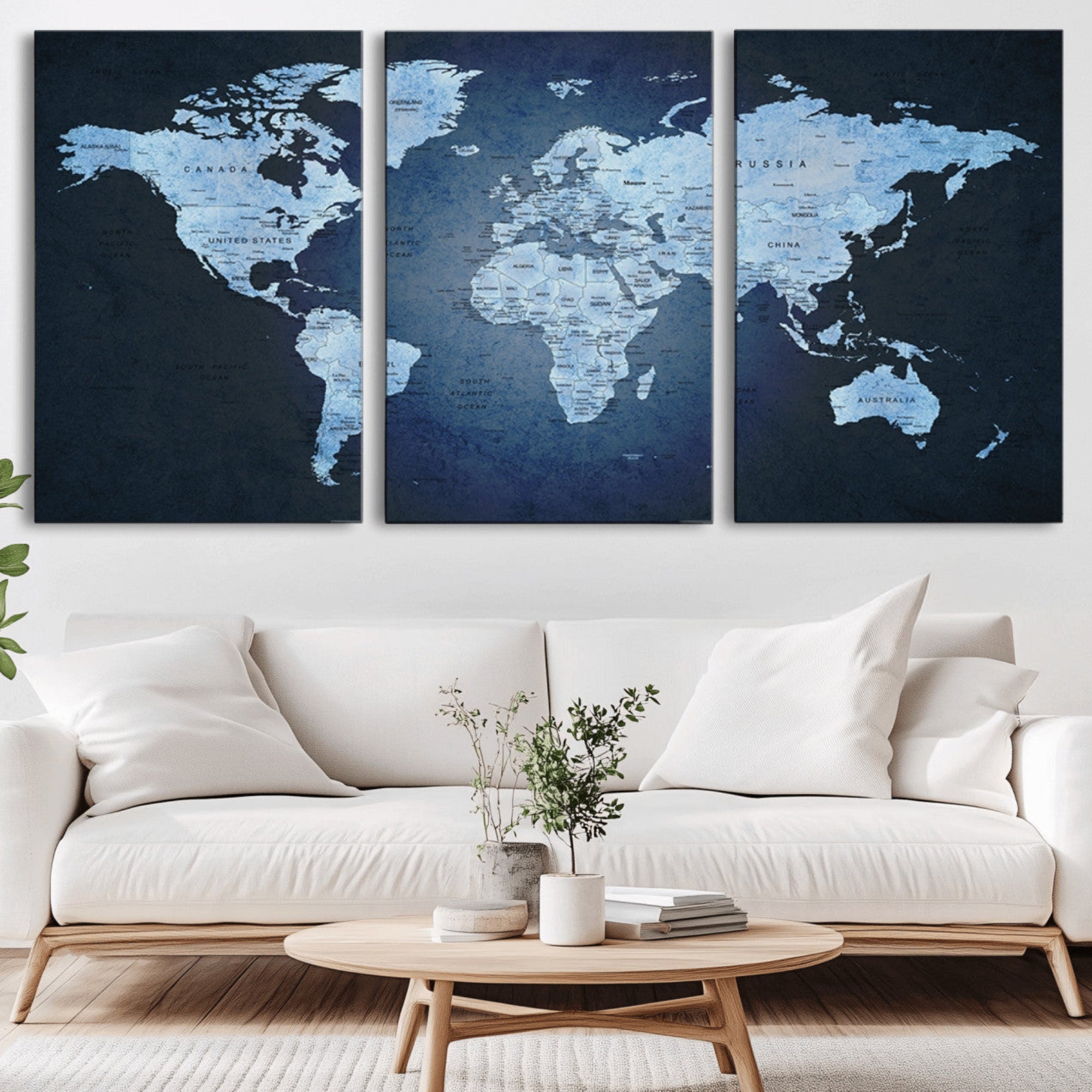 26249-MGV-CV-36X24-Blue World Map Canvas Wall Art – Framed Modern Push Pin Travel Map for Home and Office Decor, Elegant Navy Global Wall Artwork for Travelers