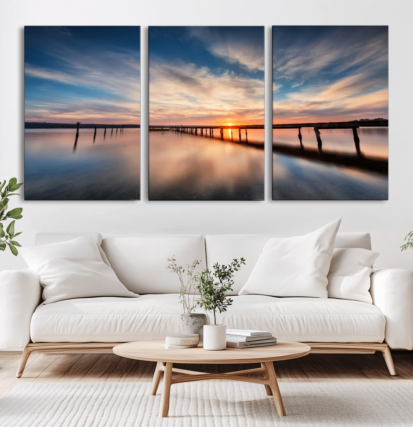MGV-CV-60X30-3P - Wooden Pier on Seascape and Sunset Wall Art Canvas Print