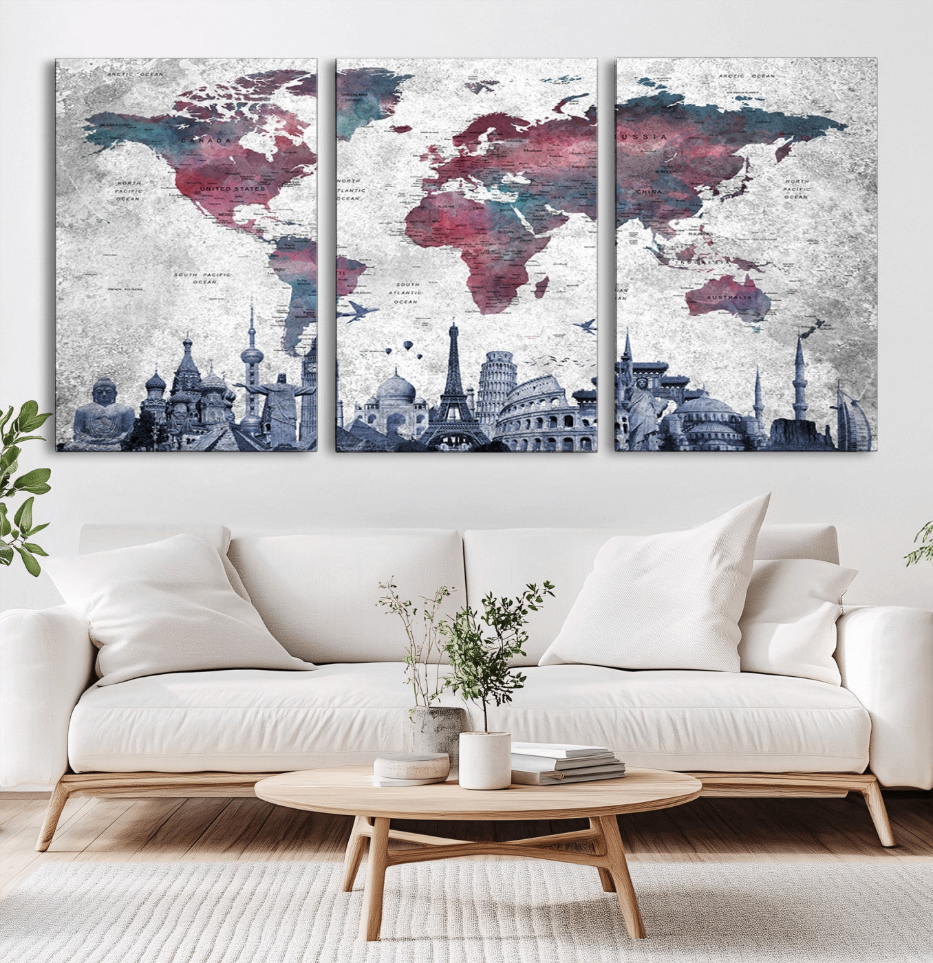 MGV-CV-60X30-3P - Push Pin World Map Canvas Print – Framed Wall Art for Couples to Track Their Travels – Anniversary