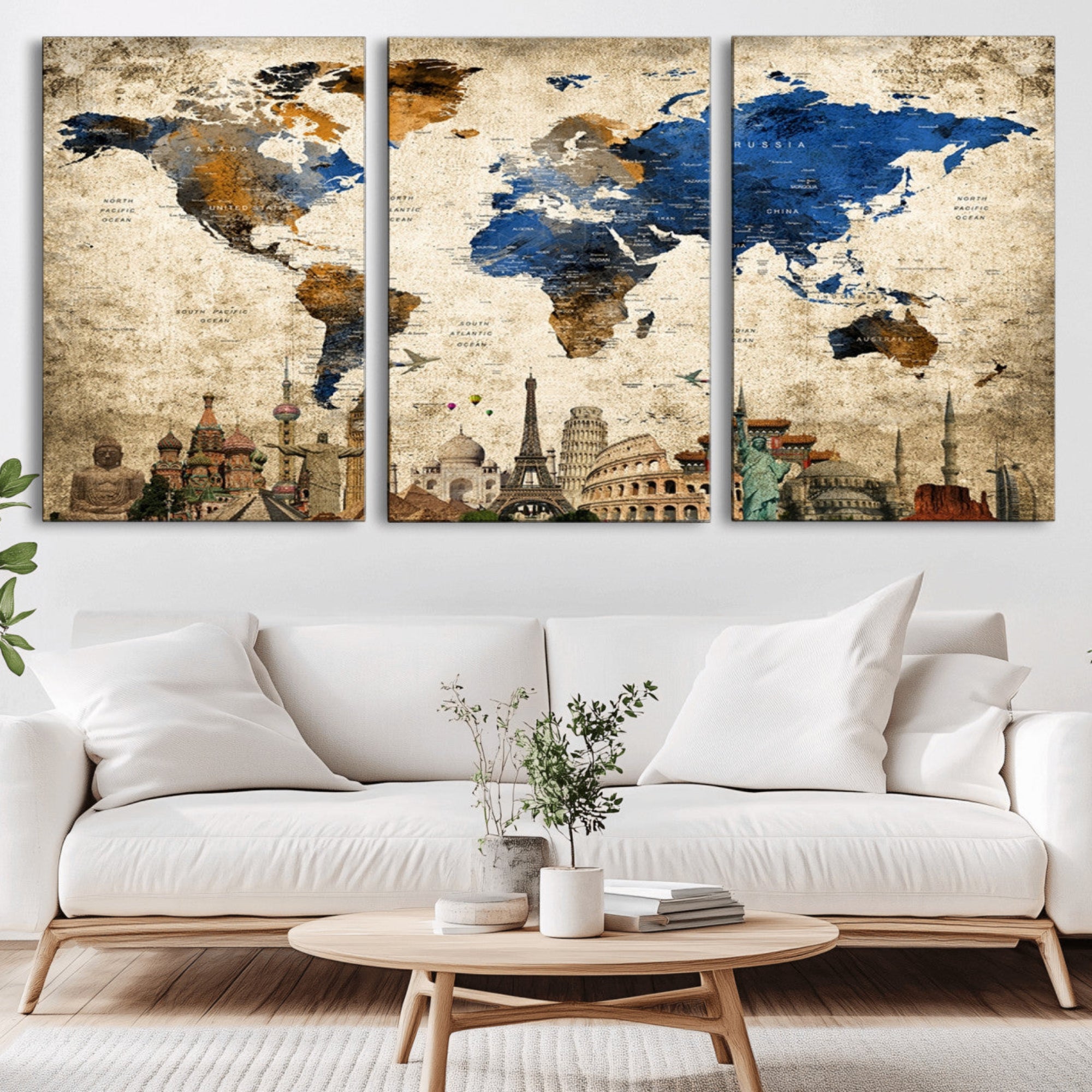 20261-MGV-CV-36X24-World Map Canvas Print – Vintage Blue and Gold World Map Wall Art, Framed Travel Inspired Decor for Living Room or Office