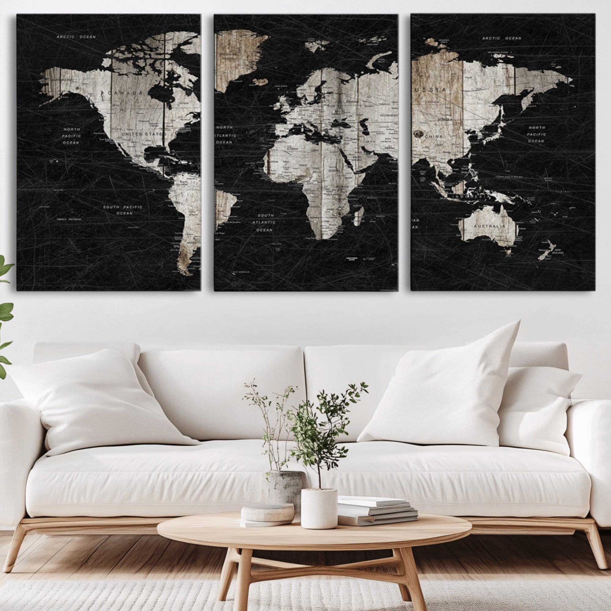 89998-MGV-CV-36X24-Rustic Black and Wood World Map Canvas Wall Art – Framed Push Pin Travel Map for Home and Office Decor, Modern Vintage Wall Artwork
