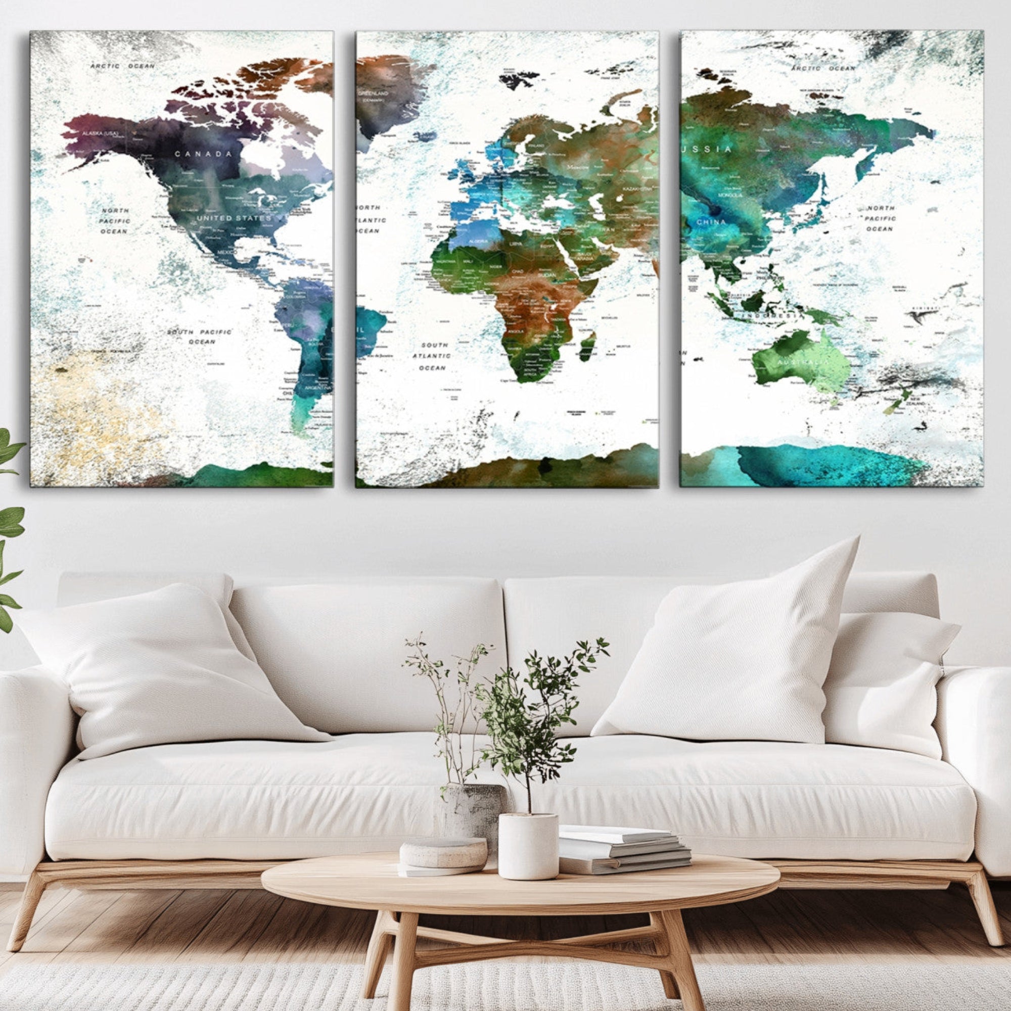13140-MGV-CV-36X24-Modern Watercolor World Map Canvas Wall Art – Framed Abstract Map Print, Contemporary Travel Artwork for Elegant Home and Office Decor