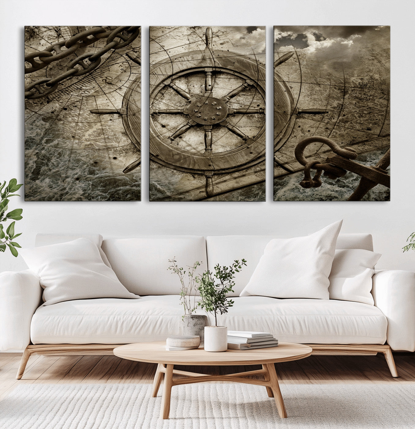 98180-MGV-CV-60X30-3P-Wooden Ship Wheel Canvas Print, Multi Panel Canvas Wall Art Print