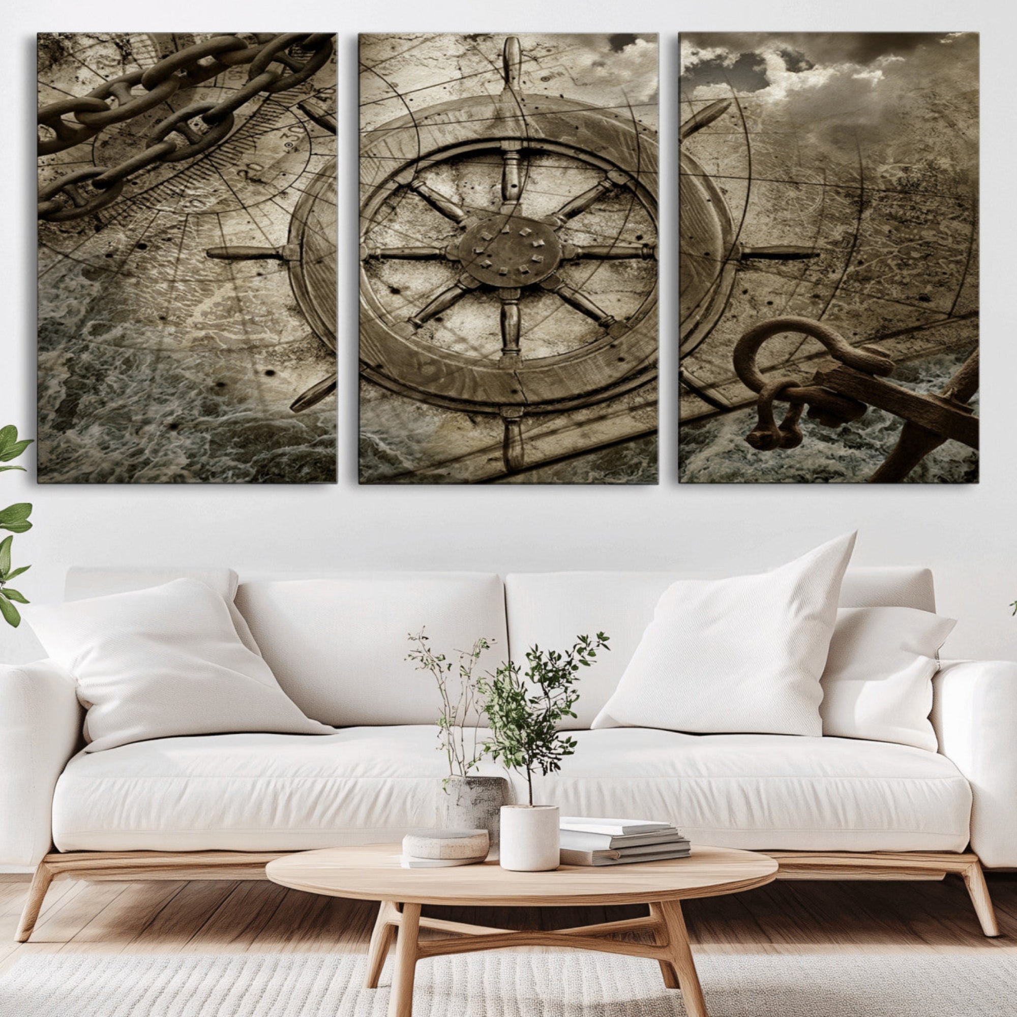 98180-MGV-CV-36X24-Wooden Ship Wheel Canvas Print, Multi Panel Canvas Wall Art Print