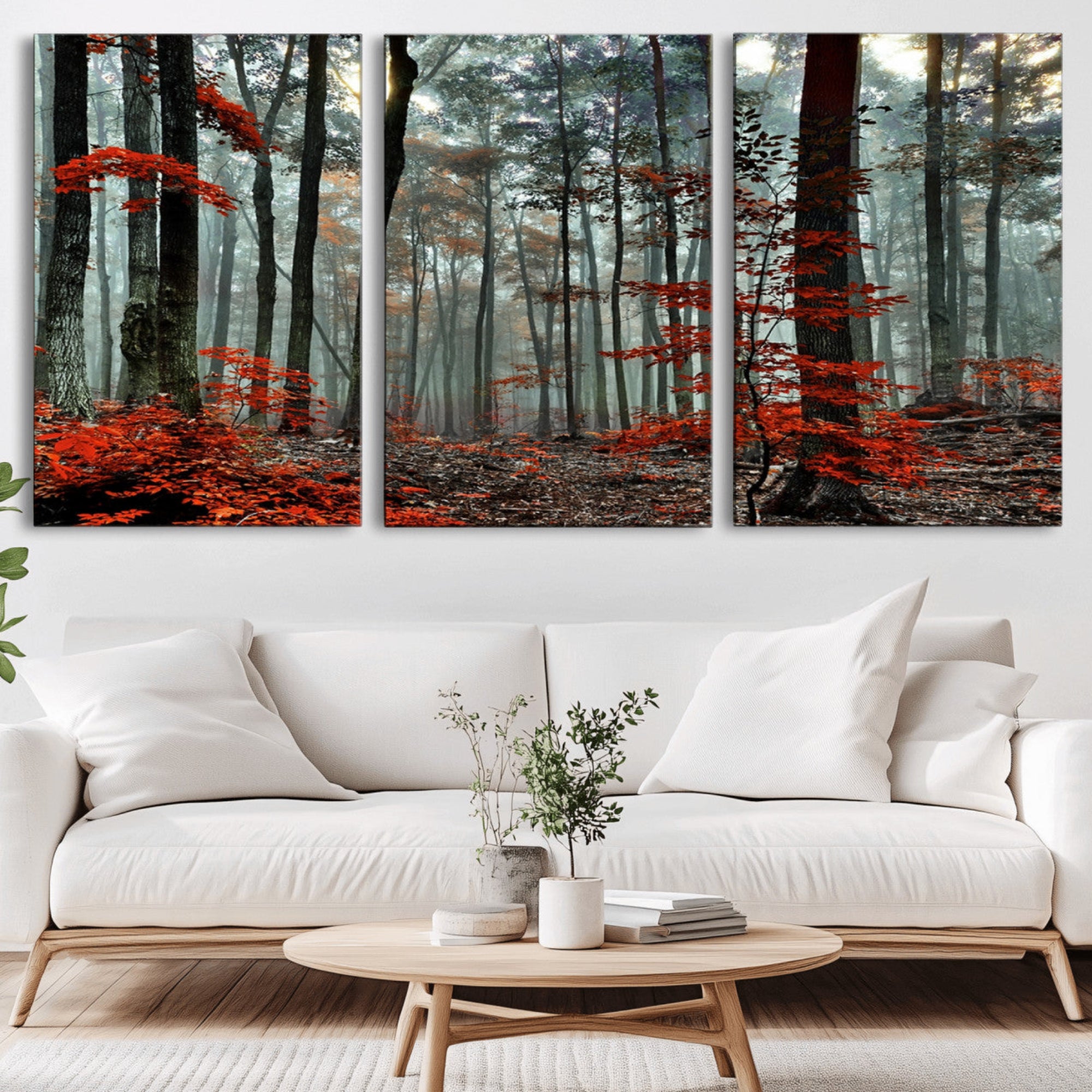 59209-MGV-CV-36X24-Autumn Forest Wall Art – Enchanting Red Leaves Canvas Print, Nature Inspired Fall Landscape Decor for Living Room or Bedroom