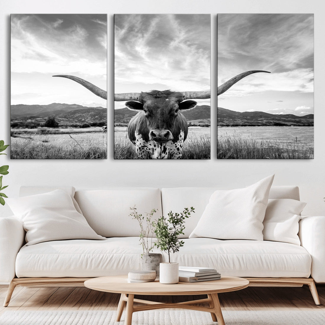 Longhorn Black and White Wall Art | Rustic Western Bull Canvas Print