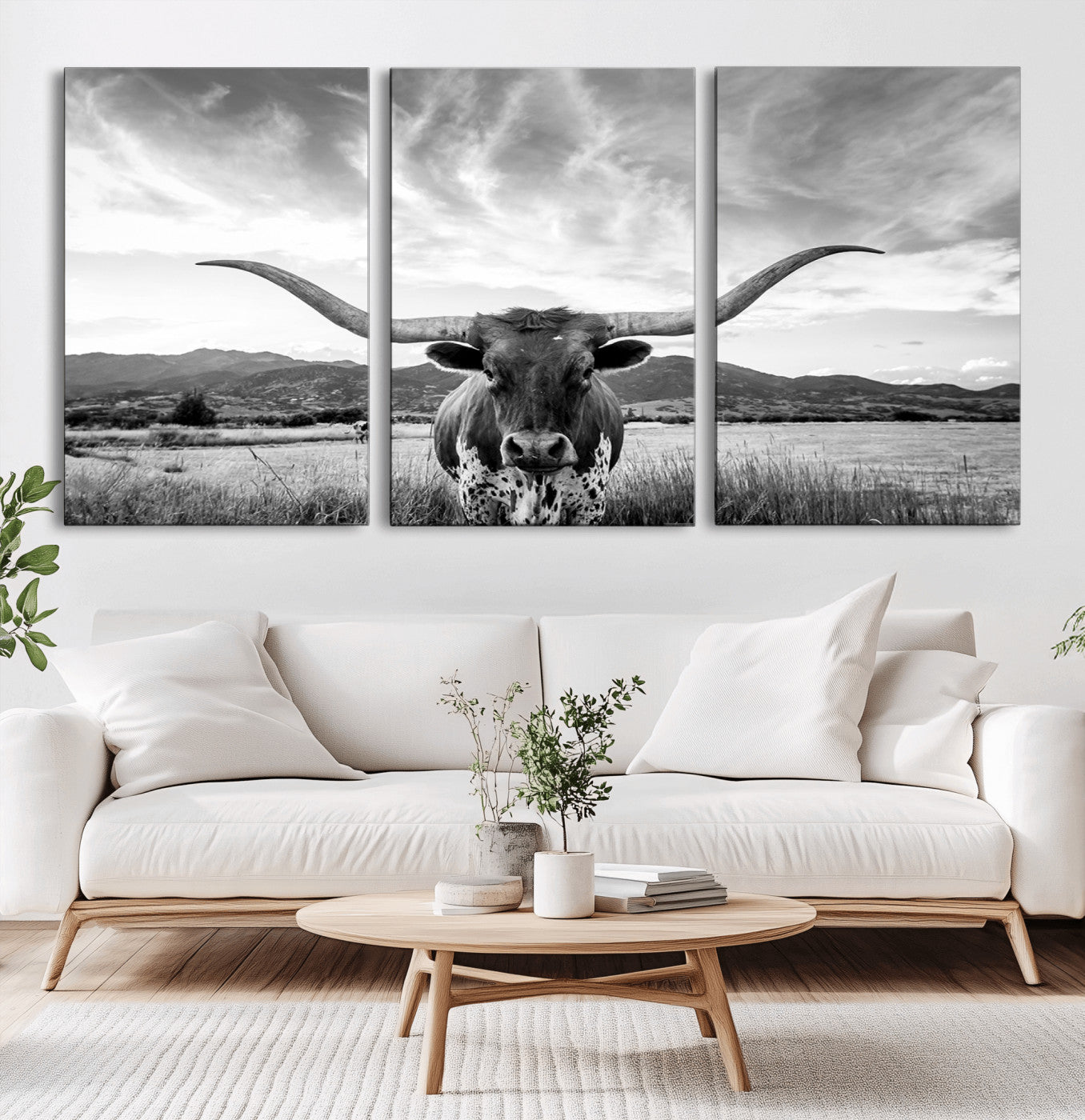 MGV-CV-60X30-3P - Longhorn Cow Wall Art Canvas Print Farmhouse Wall Art - Texas Longhorn Wall Art Print