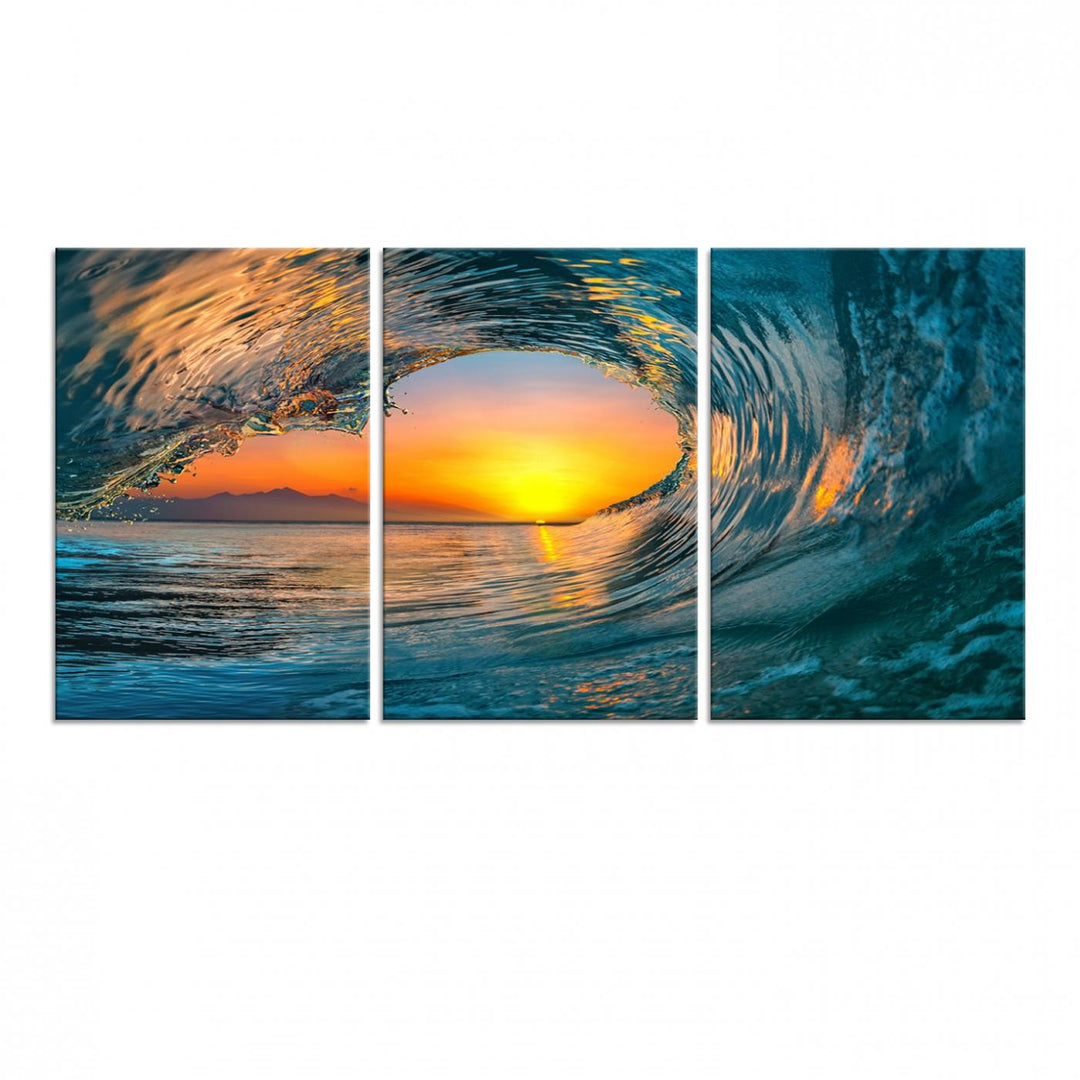 The Ocean Wave Sunset Wall Art canvas print features a vibrant ocean wave at sunset, forming a tunnel with silhouetted mountains.