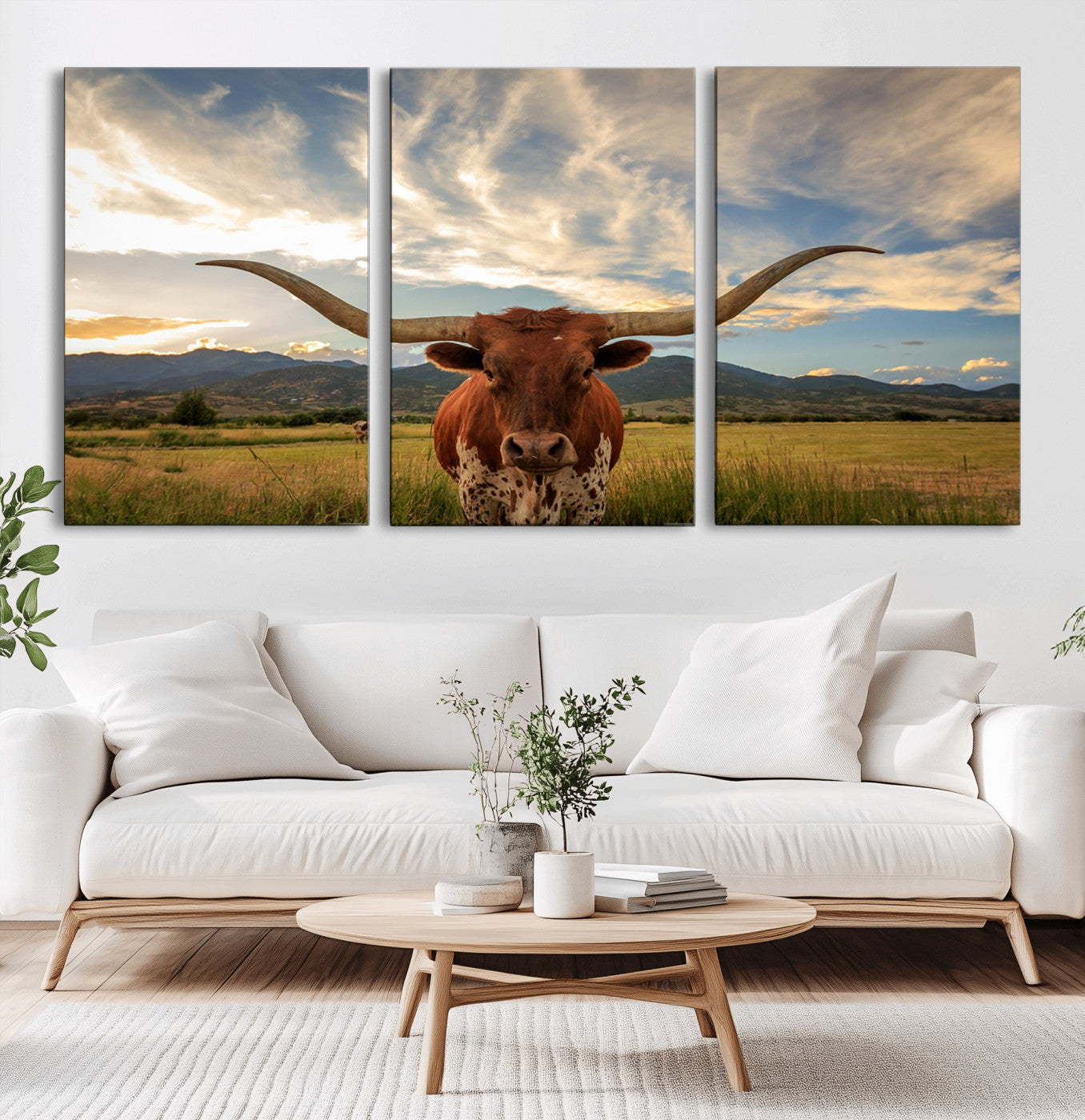 -Texas Longhorn Canvas Wall Art – Majestic Triptych Animal Print – Rustic Western Decor for Living