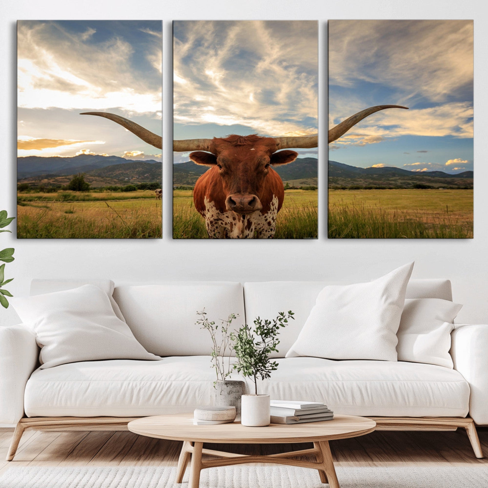 55416-MGV-CV-36X24-Texas Longhorn Canvas Wall Art – Majestic Triptych Animal Print – Rustic Western Decor for Living