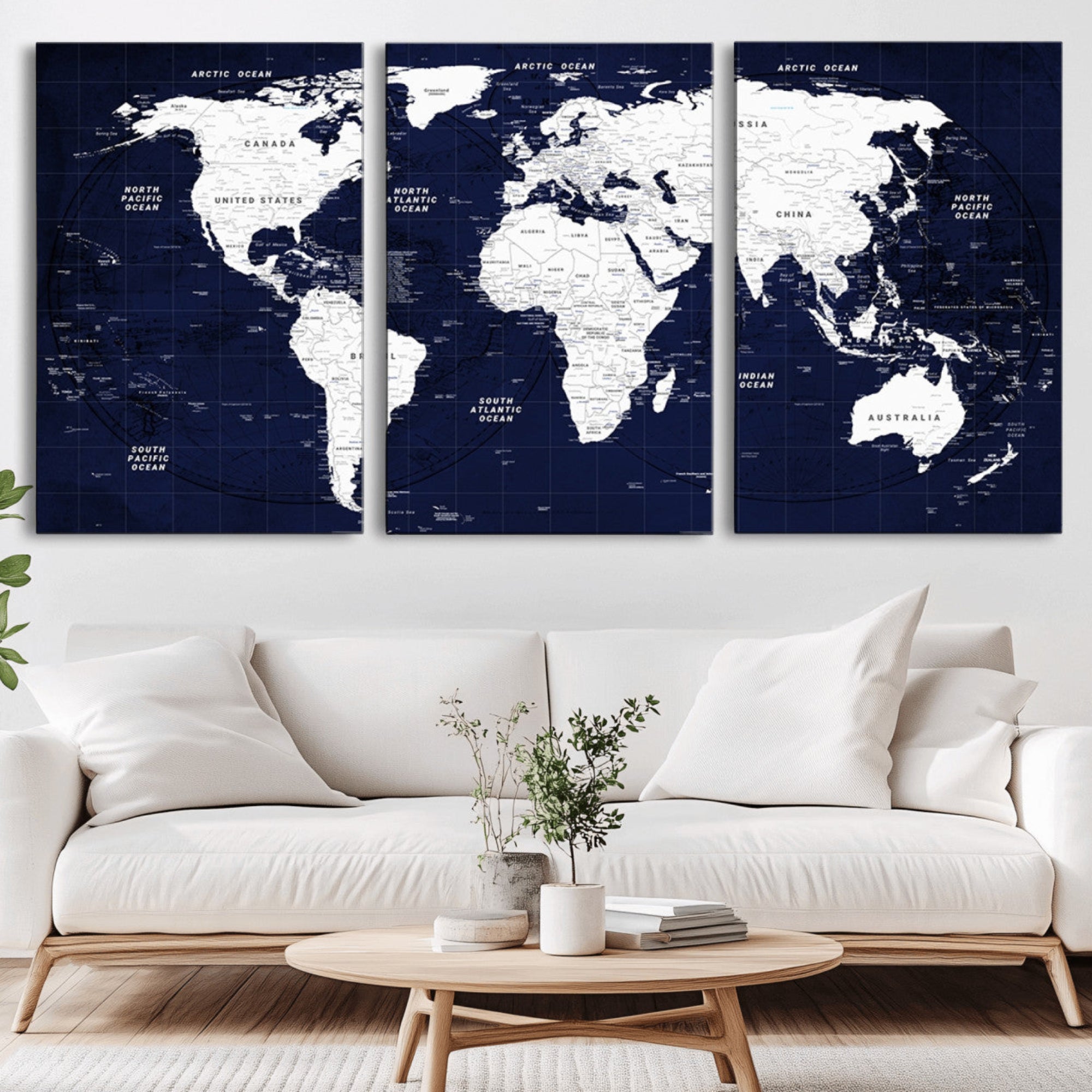 90649-MGV-CV-36X24-Navy Blue World Map Canvas Print – Modern Push Pin Travel Map Wall Art, Framed Contemporary Decor for Home or Office