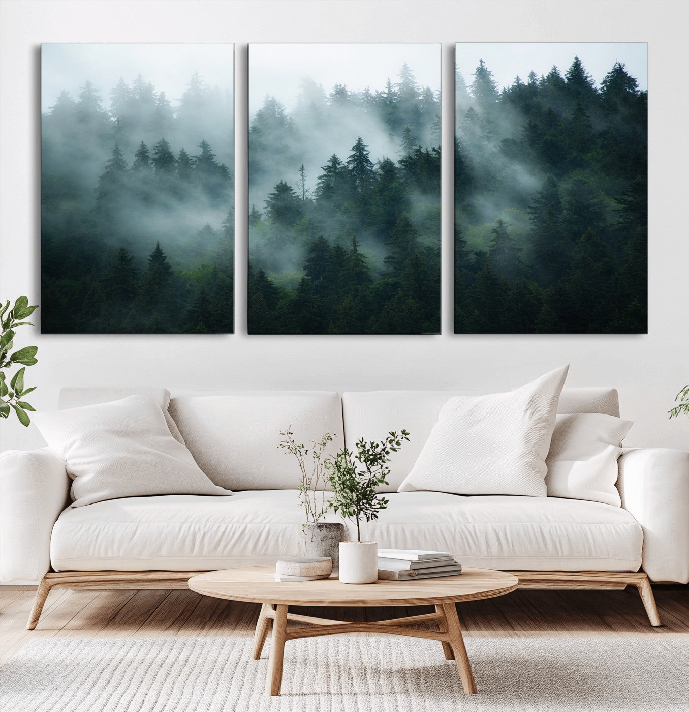 MGV-CV-60X30-3P - Foggy Forest 3-Panel Canvas Wall Art | Large Giclée Nature Scene Print for Living Room, Office, or