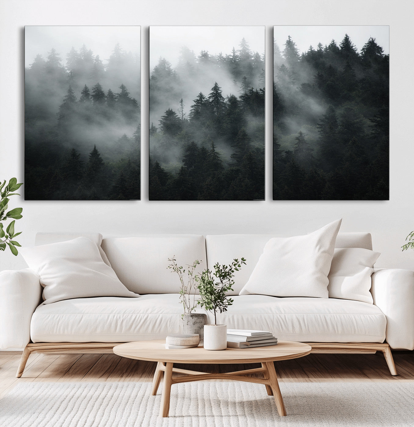 52359-MGV-CV-60X40-3P-Foggy Forest Wall Art Canvas Print | 3 Panel Large Misty Landscape for Dining Room, Office, or Living Room | Ready to Hang Nature Deco