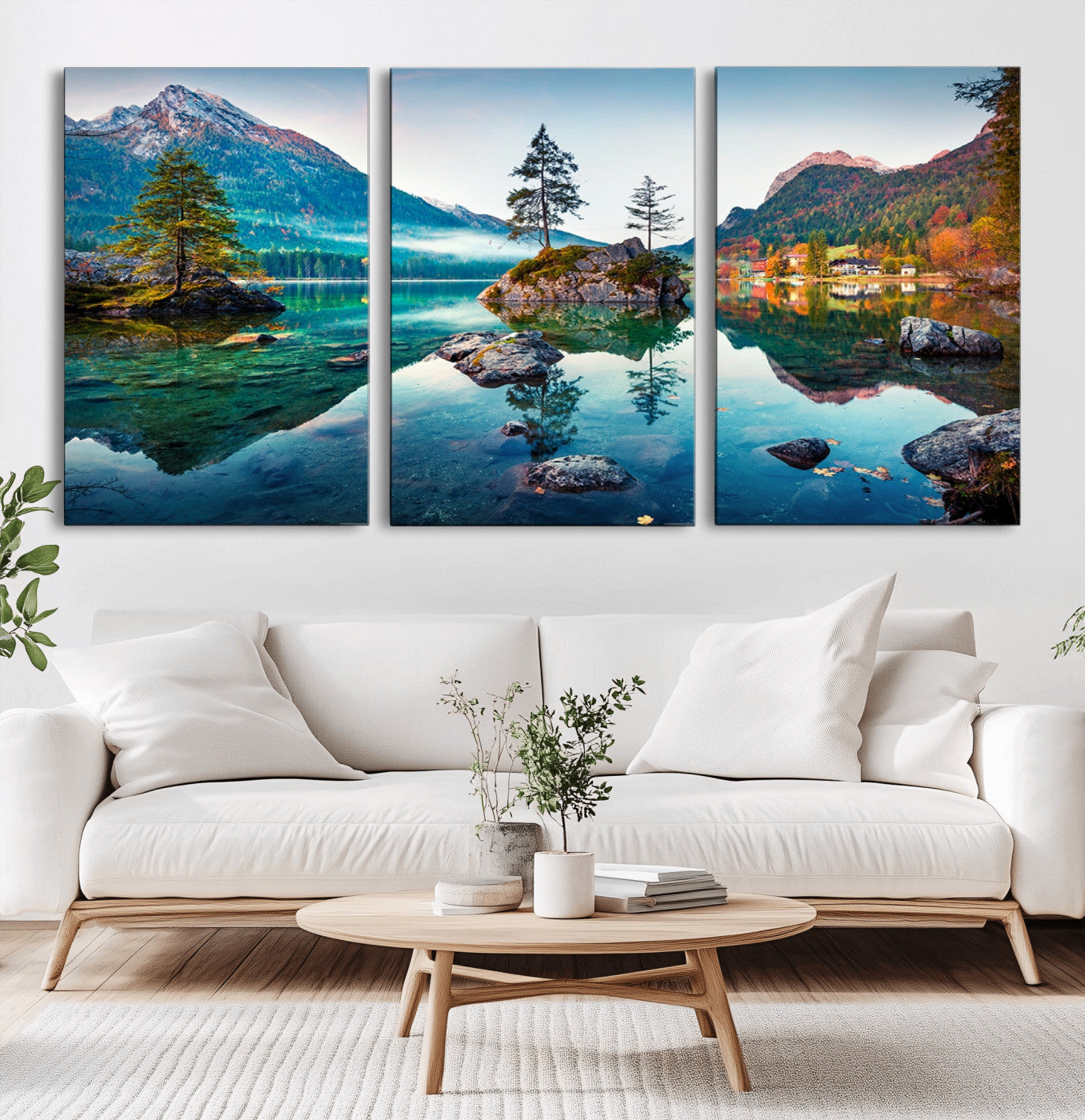 MGV-CV-60X30-3P - Crystal Clear Lake Wall Art | Mountains Wall Art Canvas | 3 Panel Large Landscape Print for Dining