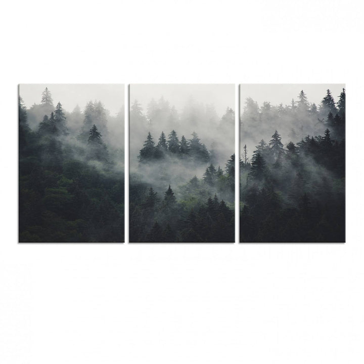 The Serene Triptych Print features tall evergreens, creating a mysterious and calming atmosphere.