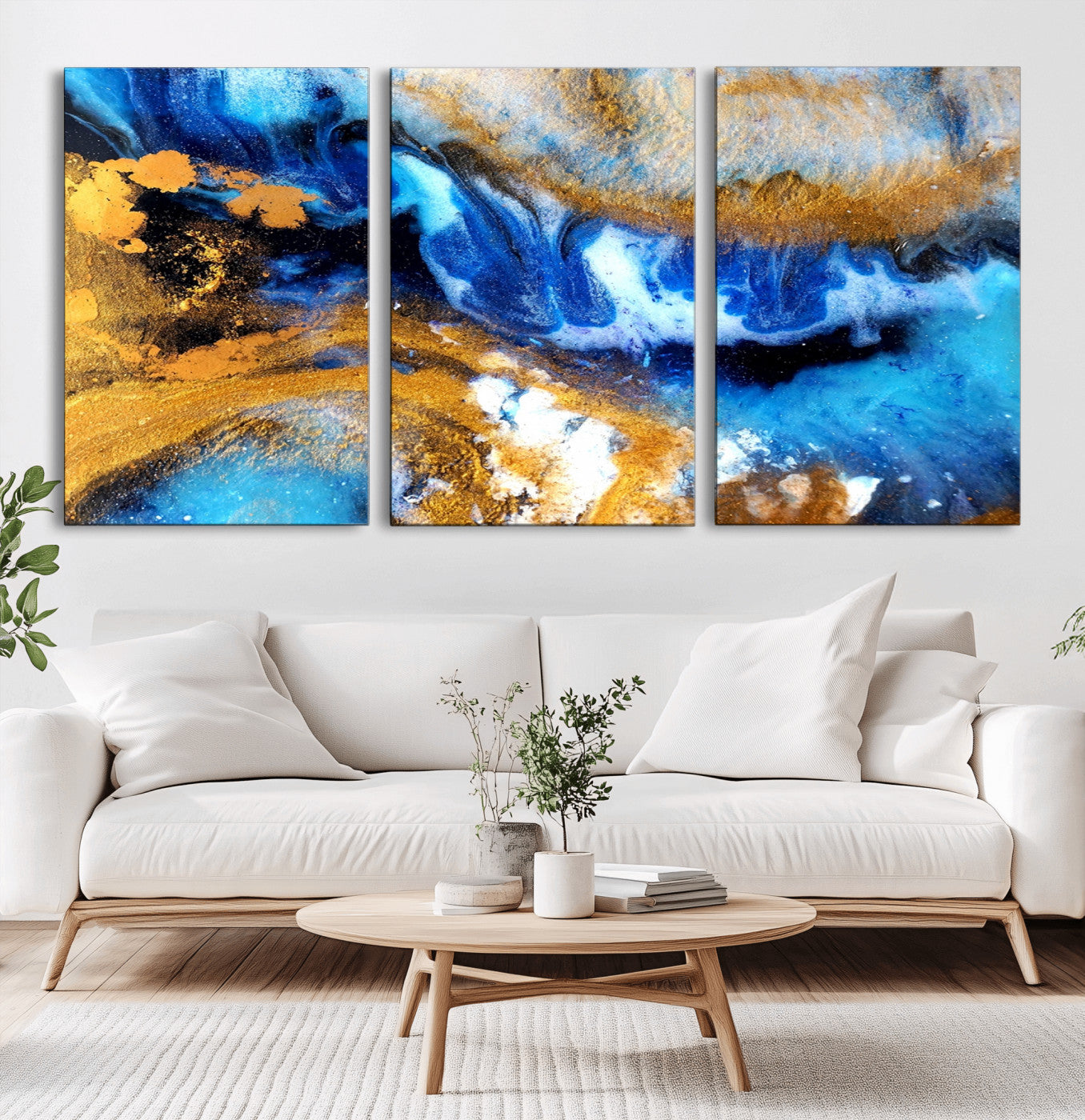 42100-MGV-CV-60X30-3P-Blue Orange Marble Fluid Effect Canvas Wall Art Print