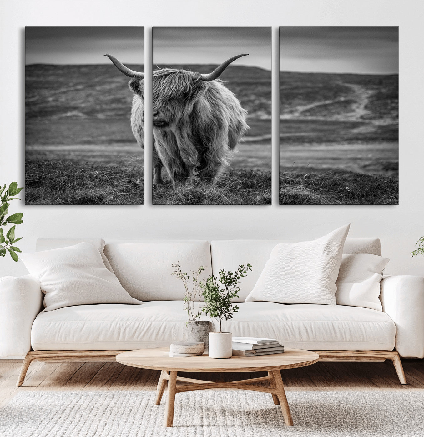 42995-MGV-CV-60X30-3P-Fluffy Cattle Wall Art Print, Highland Cow Canvas, Framed Black and white Wall Art