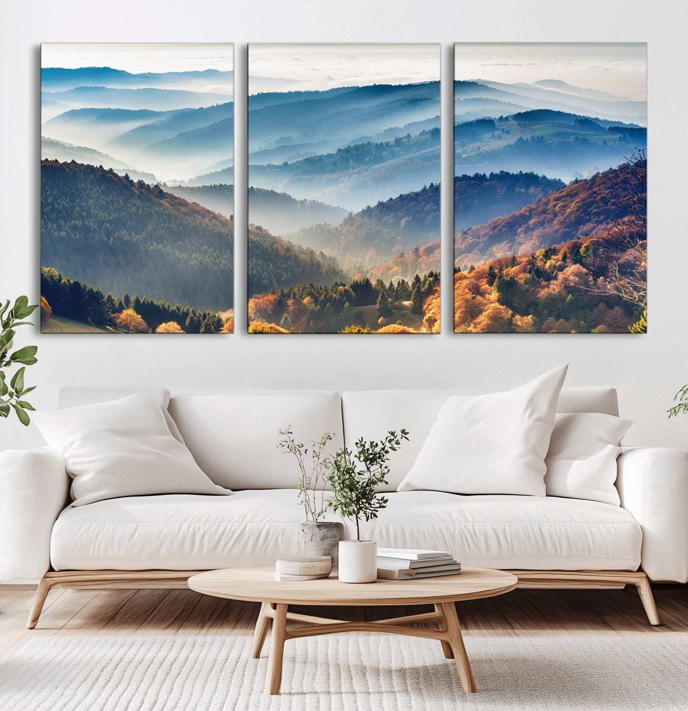 MGV-CV-60X30-3P - Misty Mountain Sunrise Triptych Canvas Print – Autumn Landscape Wall Art – Scenic Nature Decor –