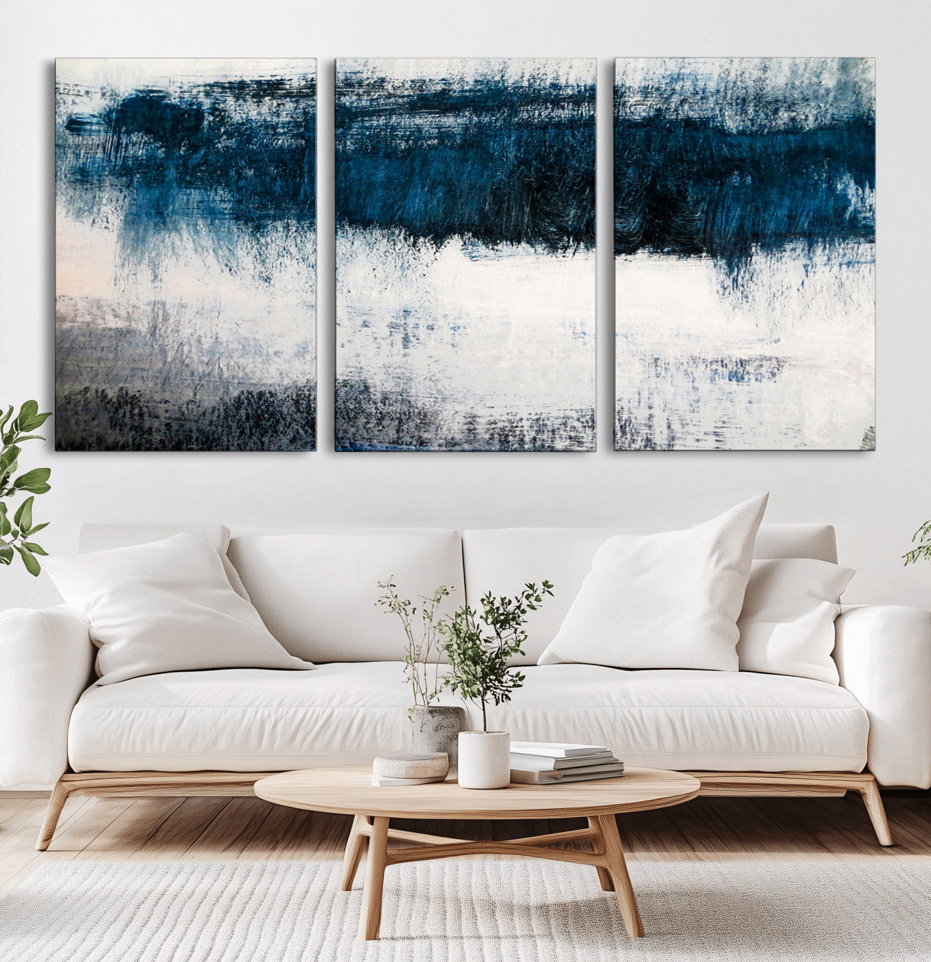 38954-MGV-CV-60X30-3P-Abstract Blue and White Canvas Art | Large Wall Art for Modern Living Room Decor | Minimalist Brushstroke Painting on Canvas