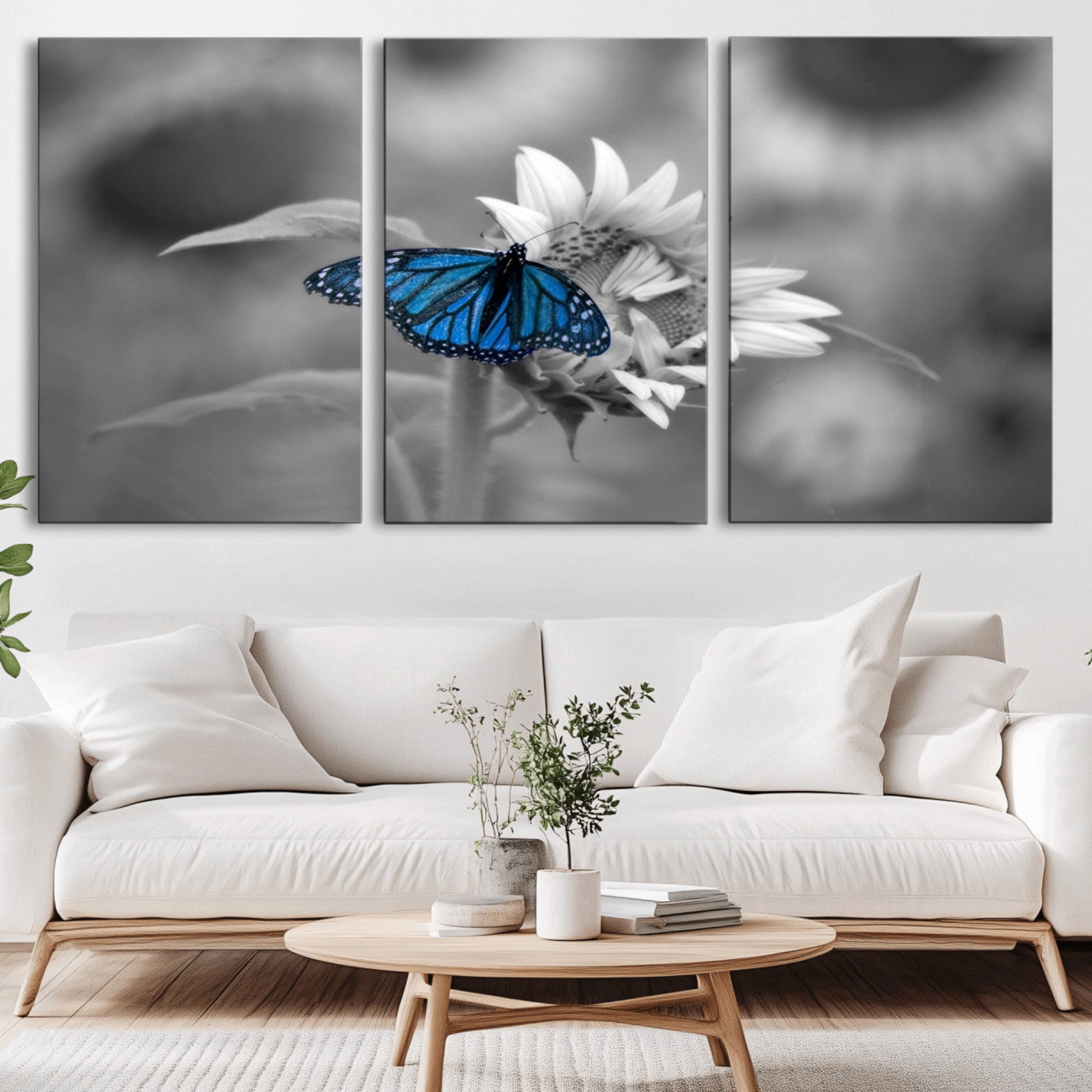 41965-MGV-CV-36X24-Blue Butterfly Black and White Canvas Wall Art