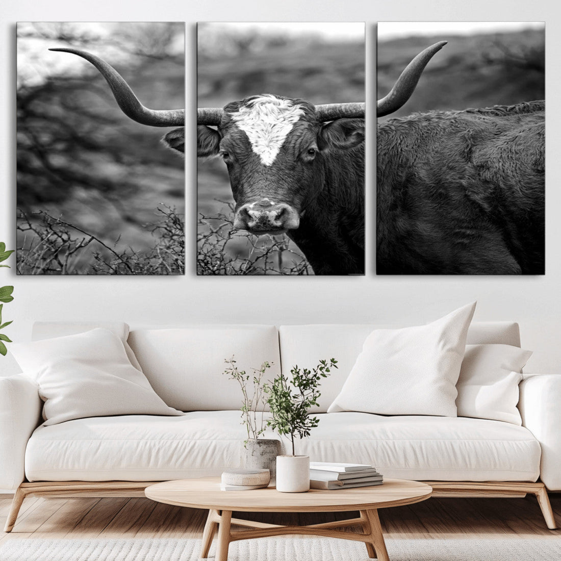 Western Home Wall Art Canvas Print, Framed Texas Longhorn Art | Rustic Cow Farmhouse Decor