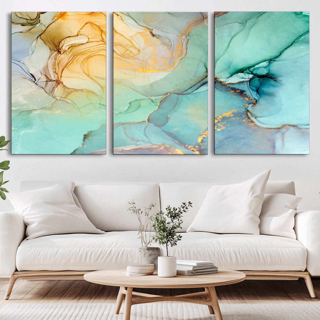 Abstract Aqua and Gold Fluid Wall Art Canvas | 3 Panel Large Canvas Print