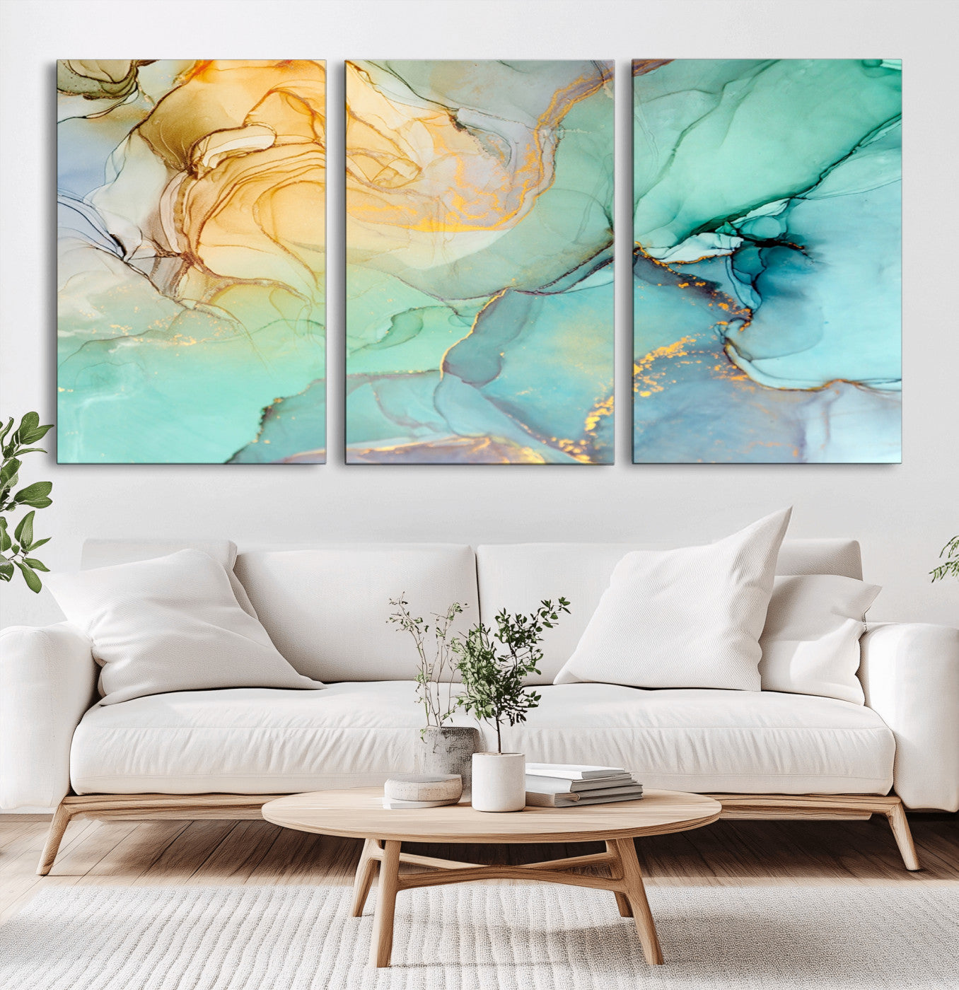84233-MGV-CV-60X30-3P-Abstract Aqua and Gold Fluid Wall Art Canvas | 3 Panel Large Canvas Print for Living Room, Office, or Modern Space | Elegant Contemporary
