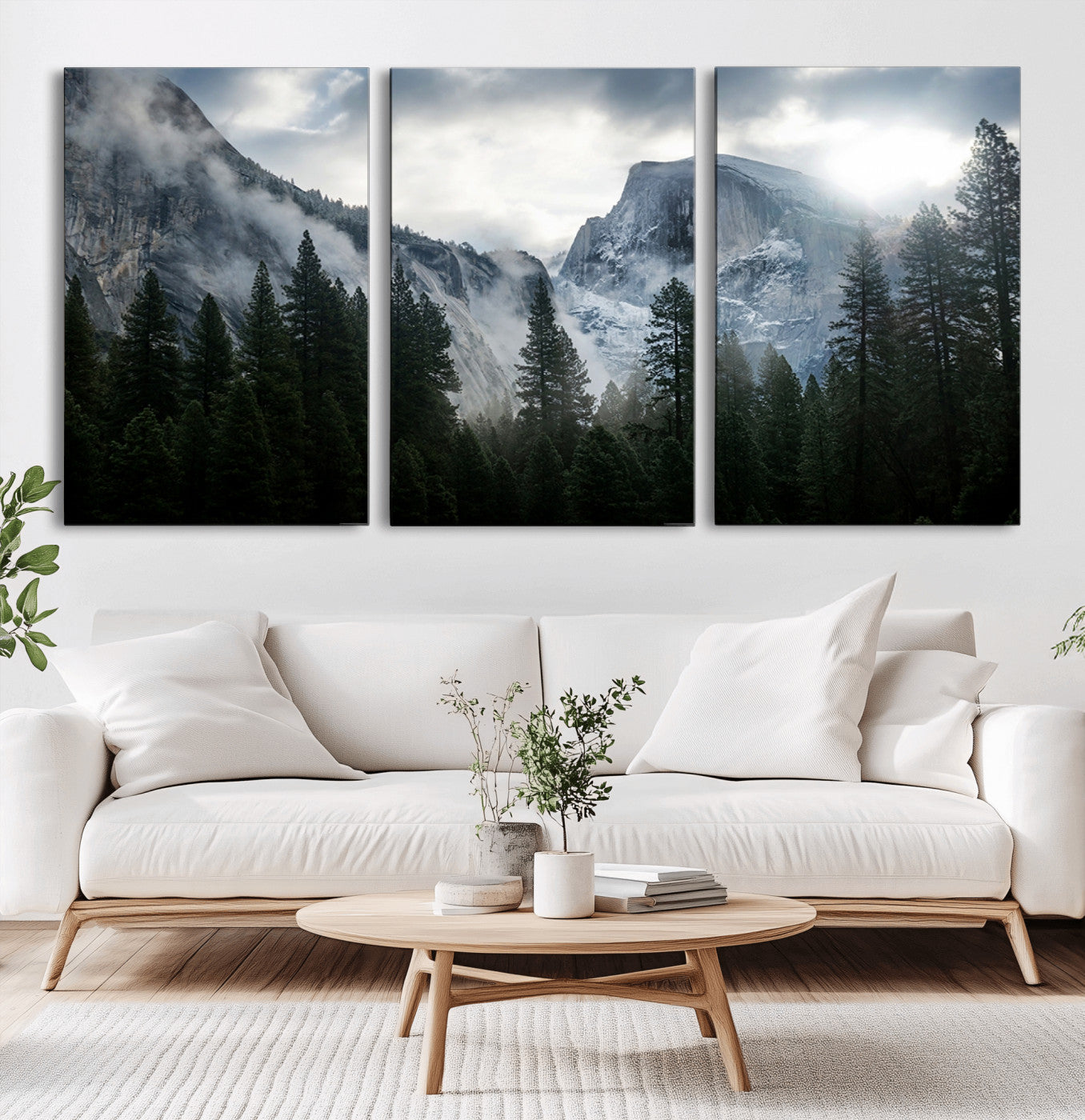 98725-MGV-CV-60X30-3P-Yosemite National Park El Capitan Foggy Mountain Wall Art | Large Canvas Print for Living Room, Office, Bedroom | Misty Forest and Mountain