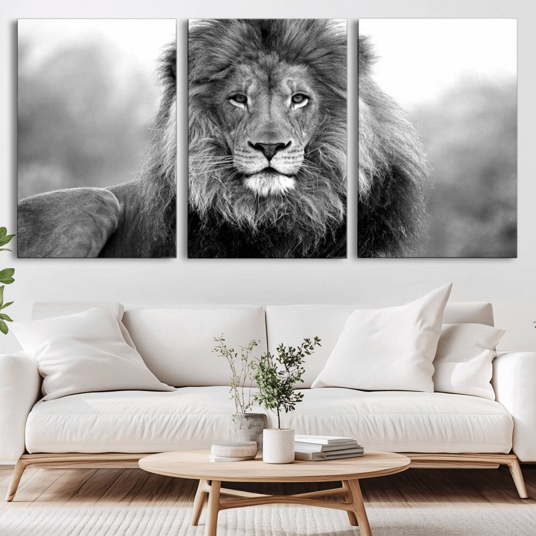 Black and White Lion Canvas Wall Art | Animal Print Artwork