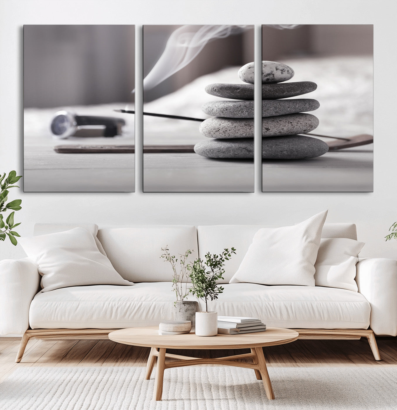50072-MGV-CV-60X30-3P-Burning Incense and Zen Stones Buddhism Wall Art, Zen Stones Wall Art Canvas Print