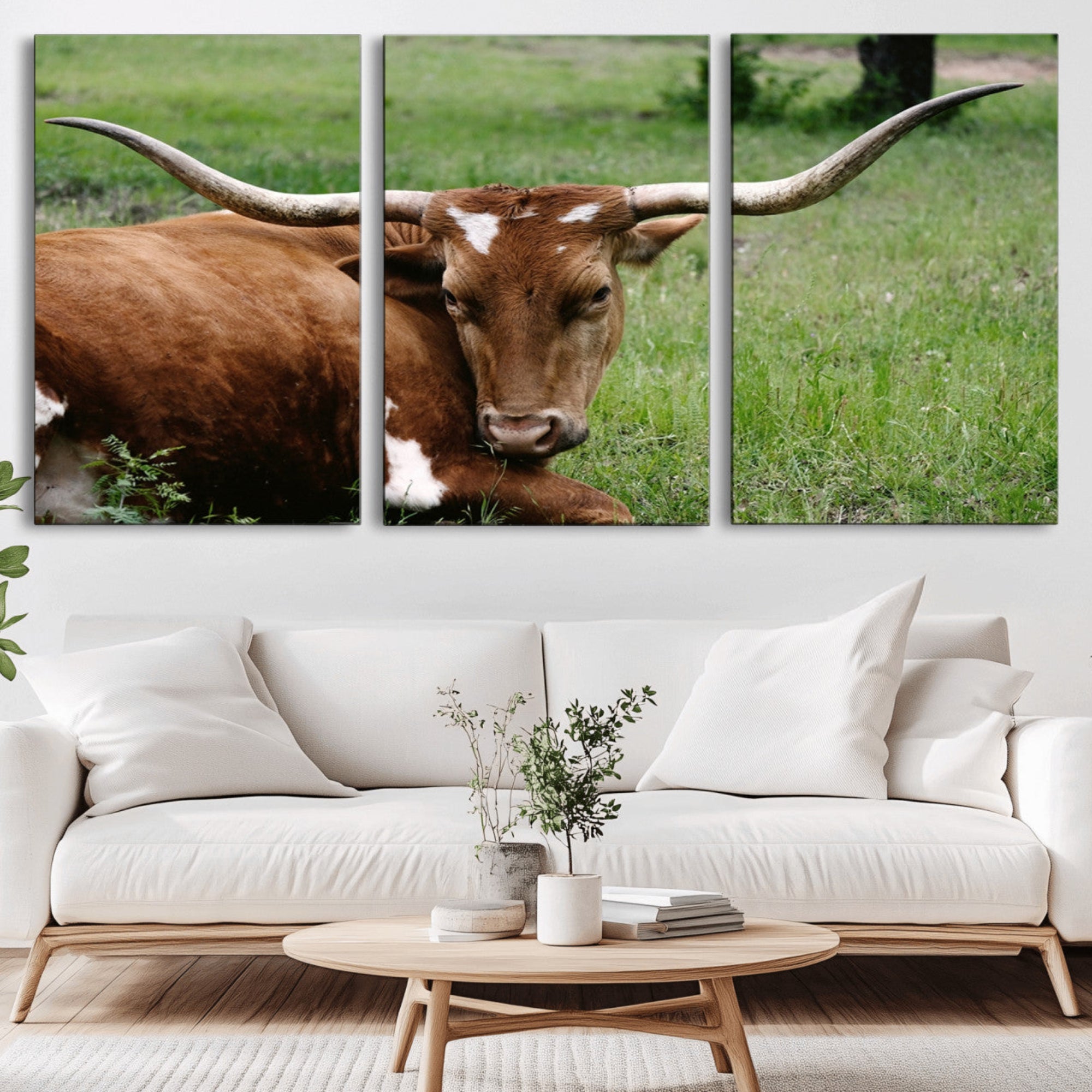45997-MGV-CV-36X24-Longhorn Steer Canvas Wall Art – Rustic Nature Triptych Decor for Living Room or Office – Ready to