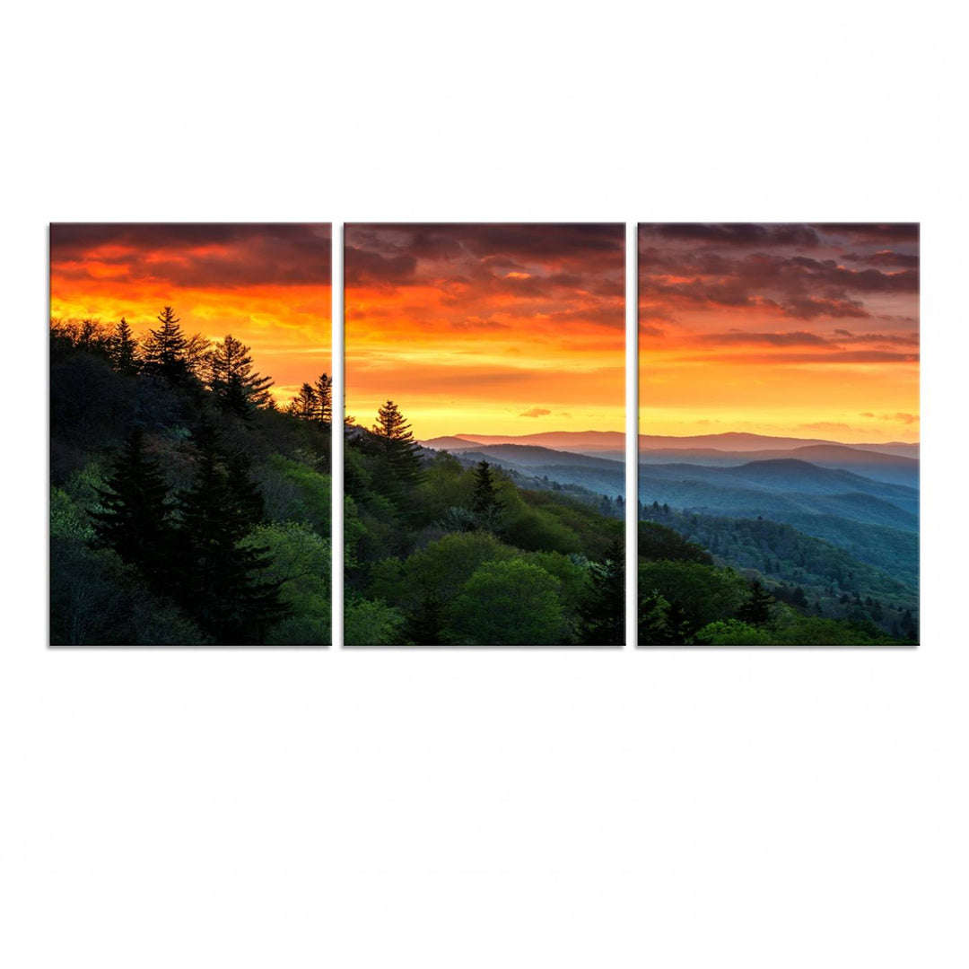 The Great Smoky Mountains Sunset Wall Art, a 3-panel print, beautifully captures natures beauty and is perfect for living room or office decor.