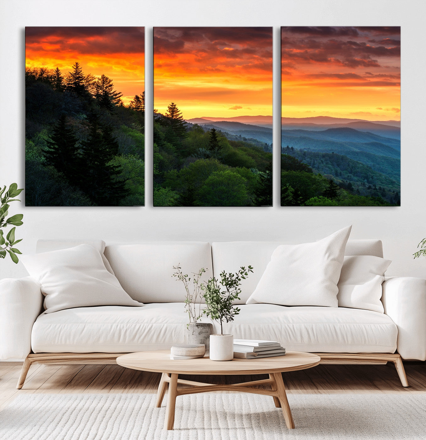 MGV-CV-60X30-3P - Great Smoky Mountains Sunset Wall Art Canvas Print | 3 Panel Large Nature Landscape Photography for