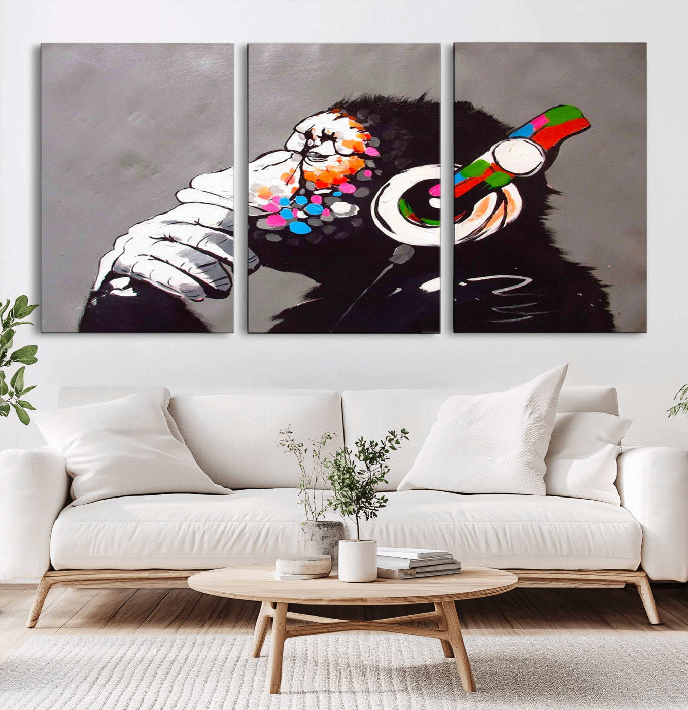 -Dj Monkey Listening to Music Wall Art Print | Banksy Monkey Large Canvas Print for Living Room,