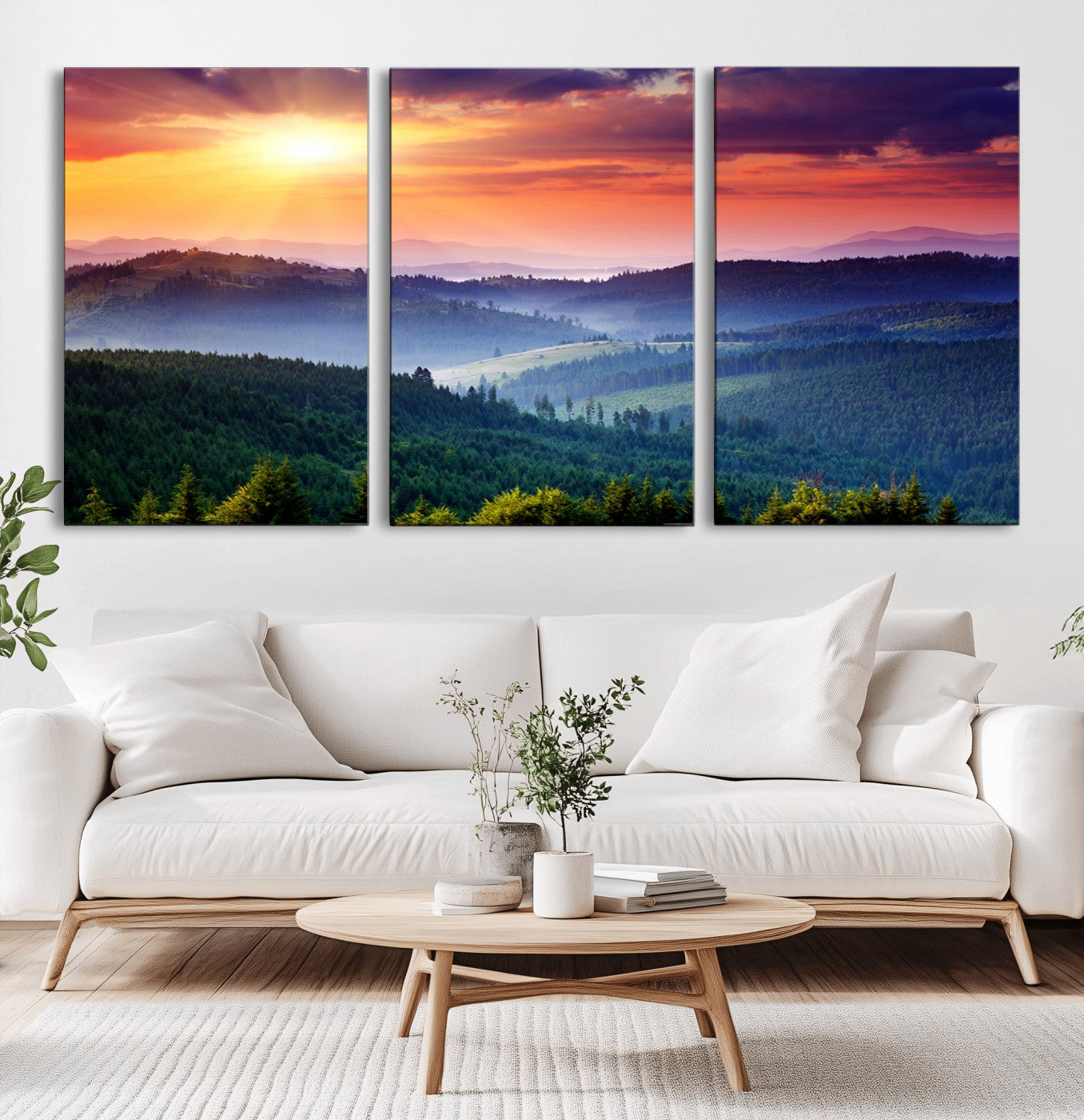 MGV-CV-60X30-3P - Sunset over Mountain Canvas Print, Forest Canvas Wall Art – Triptych Nature Landscape for Living