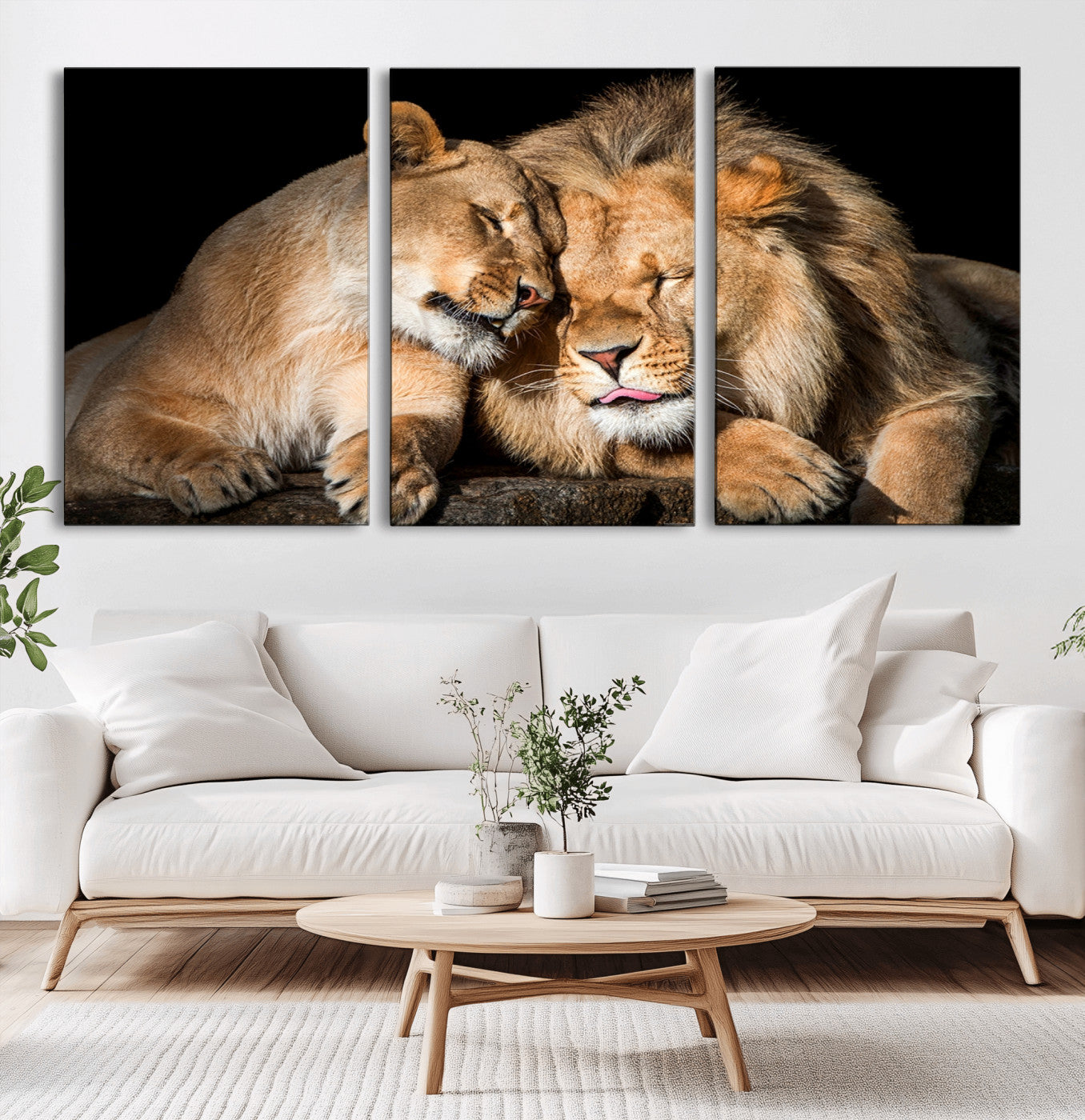 MGV-CV-60X30-3P - Lion and Lioness Wall Art Print Canvas | 3-Panel African Wildlife Canvas Print | Animal-Themed Art