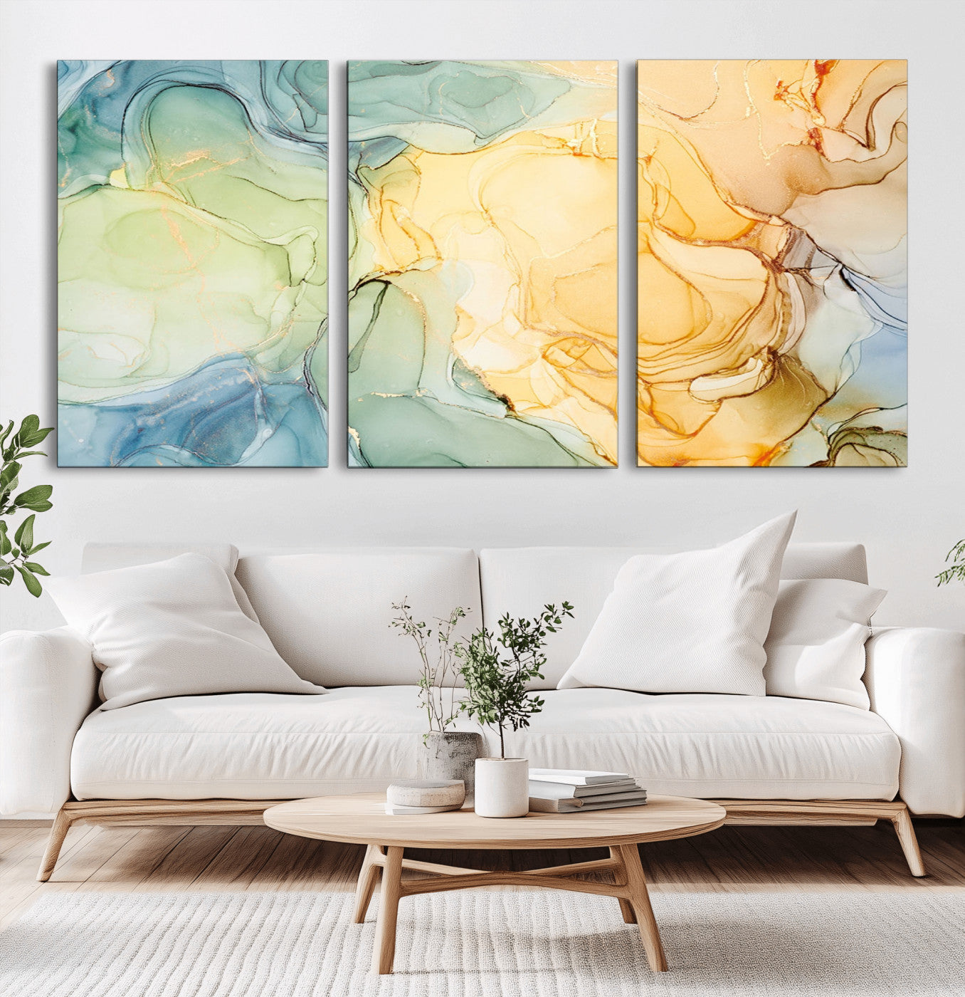 -Green and Yellow Marble Fluid Effect Wall Art, Green and Yellow Marble Canvas Wall Art Print