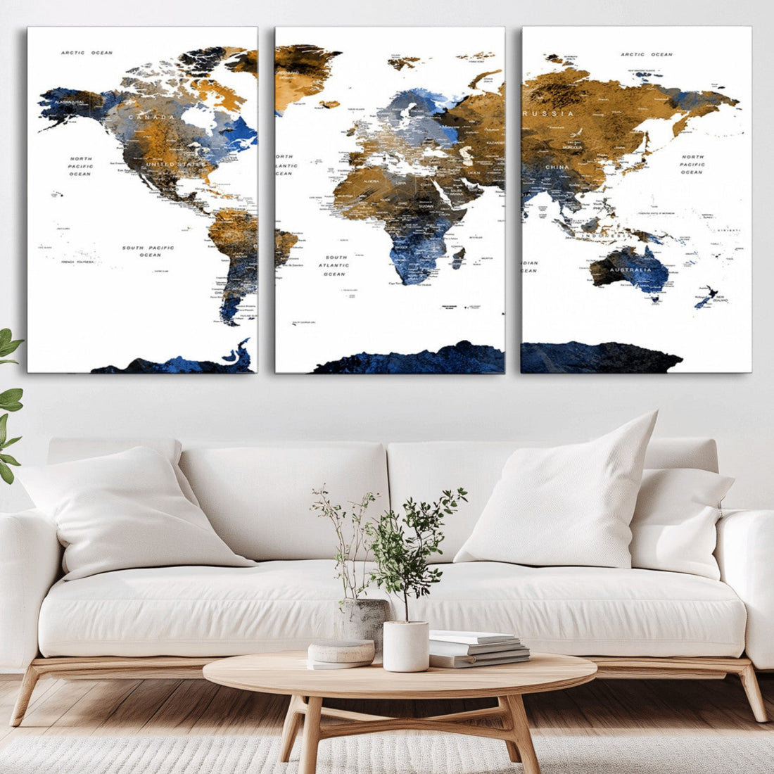 Modern Abstract World Map Canvas Wall Art | Framed Blue and Gold Map Print
