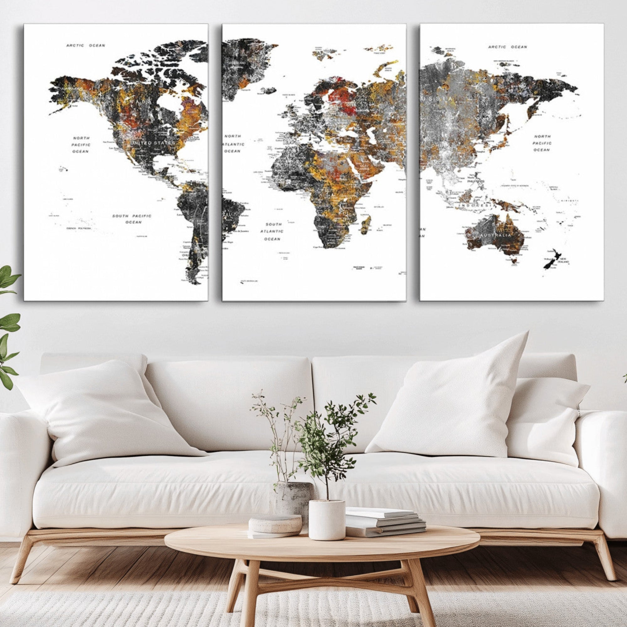 67481-MGV-CV-36X24-Modern Metallic World Map Canvas Wall Art – Framed Contemporary World Map Print, Stylish Travel Inspired Decor for Home and Office Walls