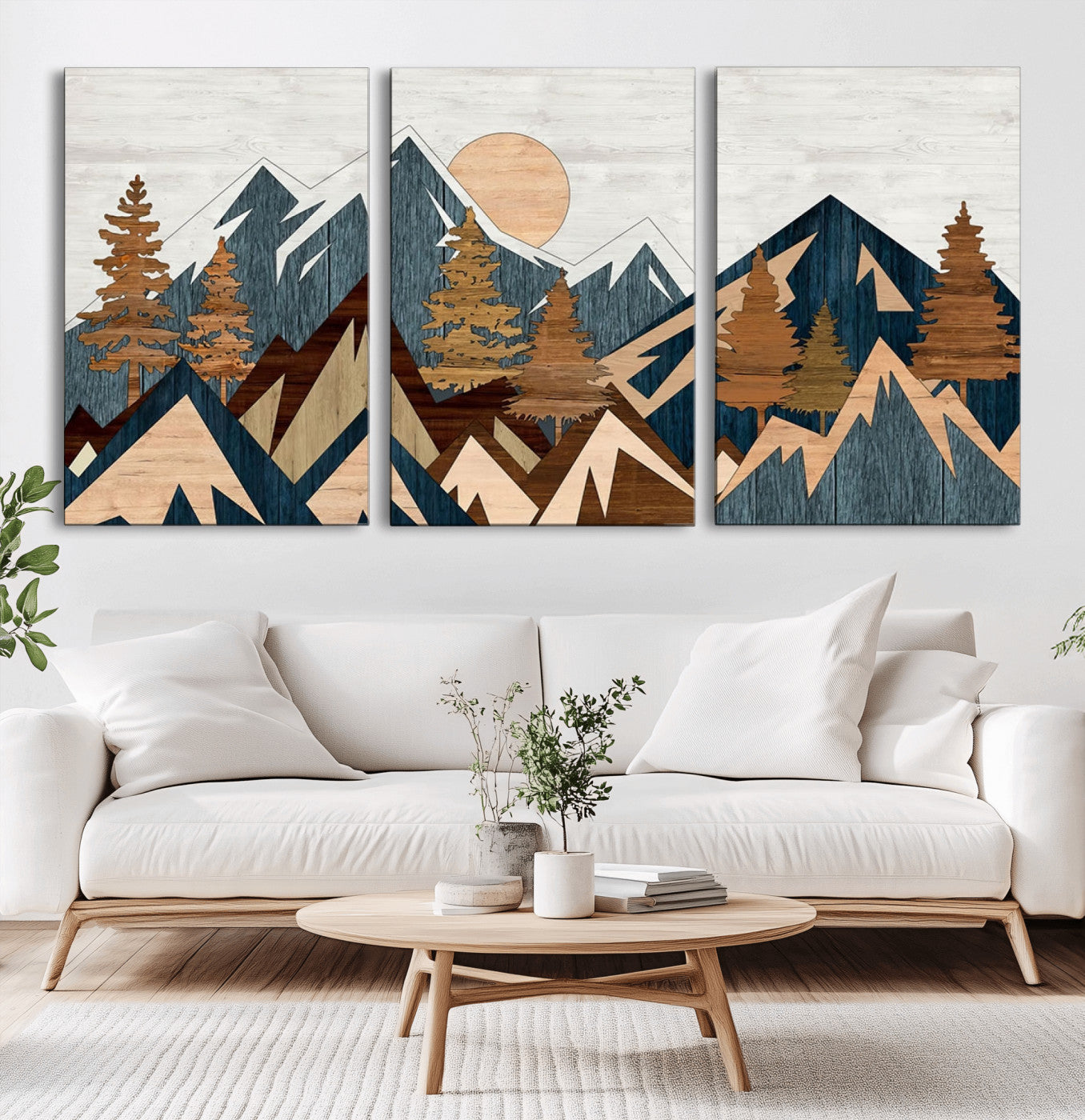 91467-MGV-CV-60X30-3P-Abstract Wood Panel Effect Mountain Range Top Wall Art Canvas Print