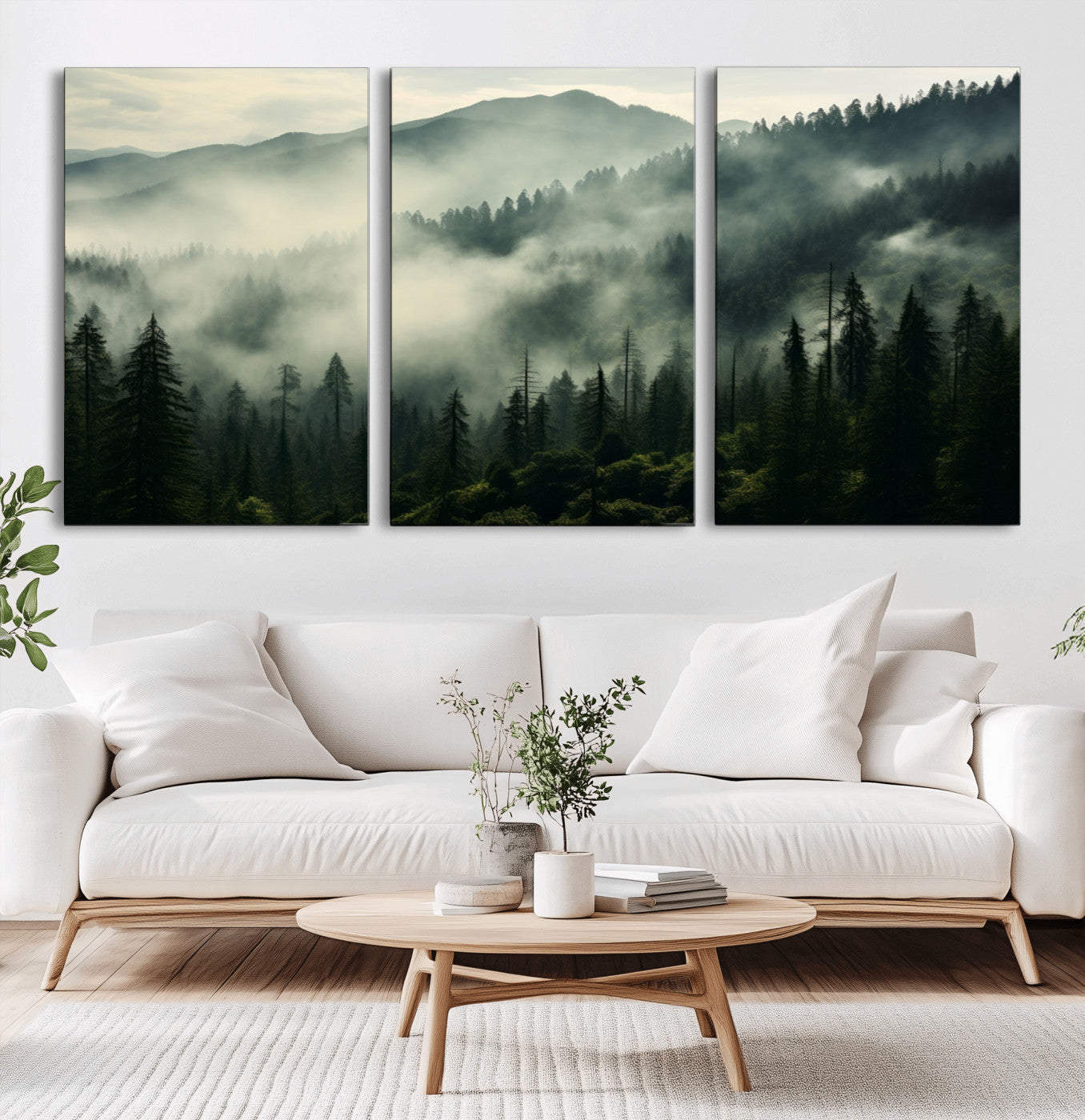 25295-MGV-CV-60X30-3P-Captivating Misty Forest Wall Art Premium Canvas Print a Foggy and Serene Atmosphere