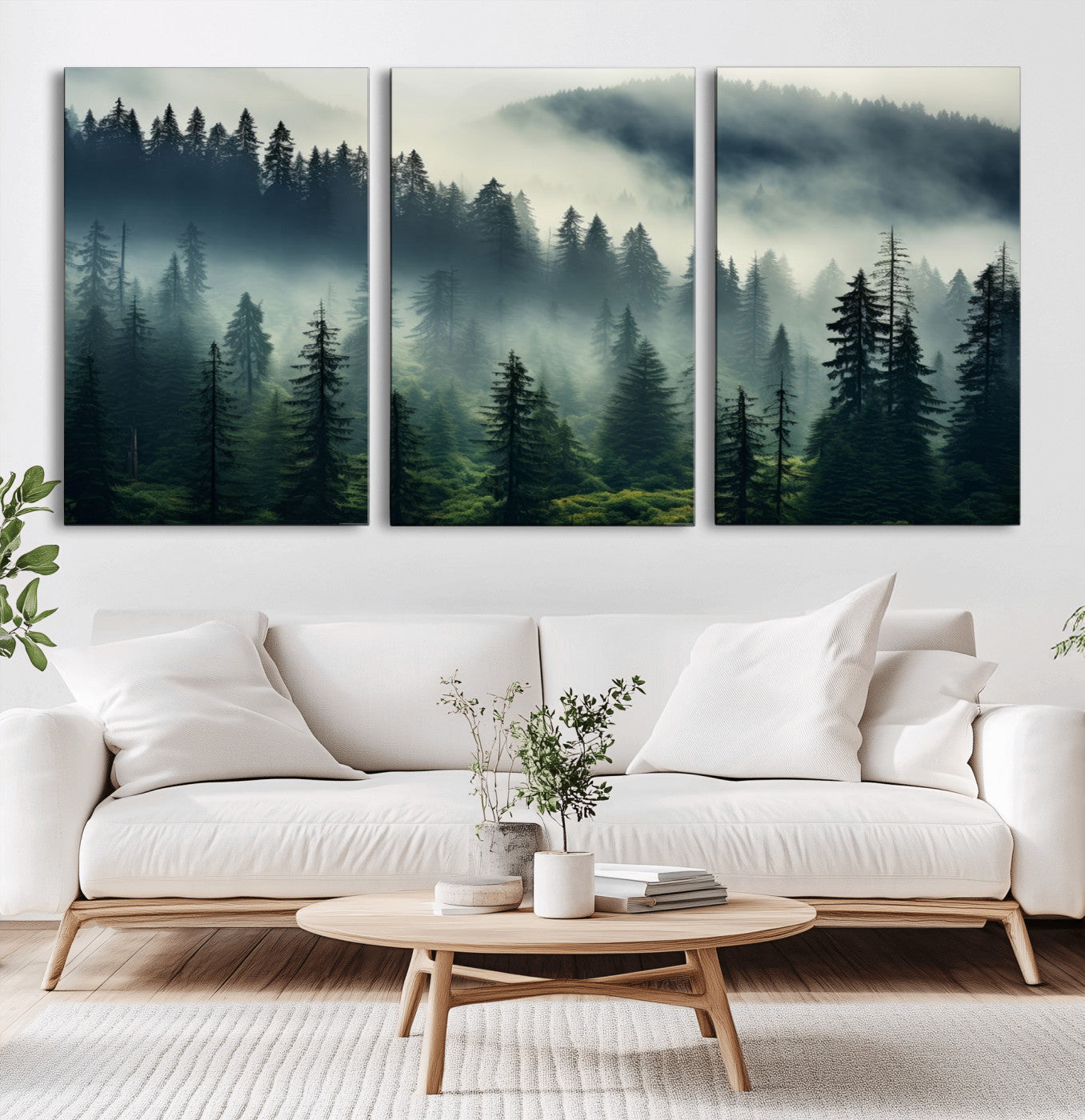 48606-MGV-CV-60X30-3P-Captivating Misty Forest Wall Art Premium Canvas Print a Foggy and Serene Atmosphere
