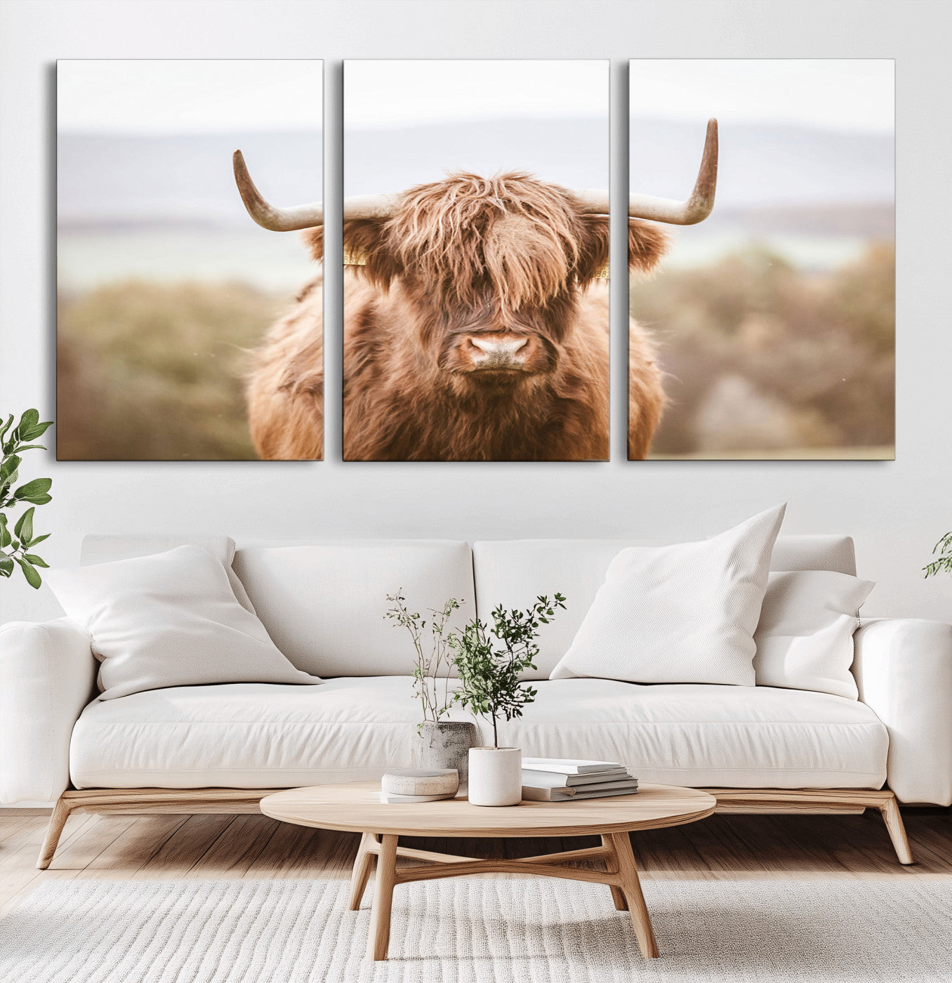 MGV-CV-60X30-3P - Scottish Serene Highland Cow Canvas Wall Art – Serene Highland Cow in Natural Pastel Tones – Ready