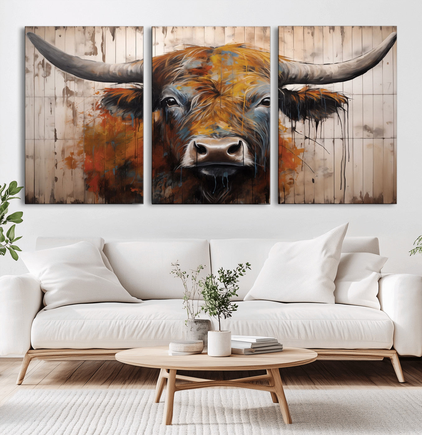 MGV-CV-60X30-3P - Abstract Bull Highland Cow Canvas Wall Art Print – Vibrant Rustic Charm in Modern Farmhouse Decor –