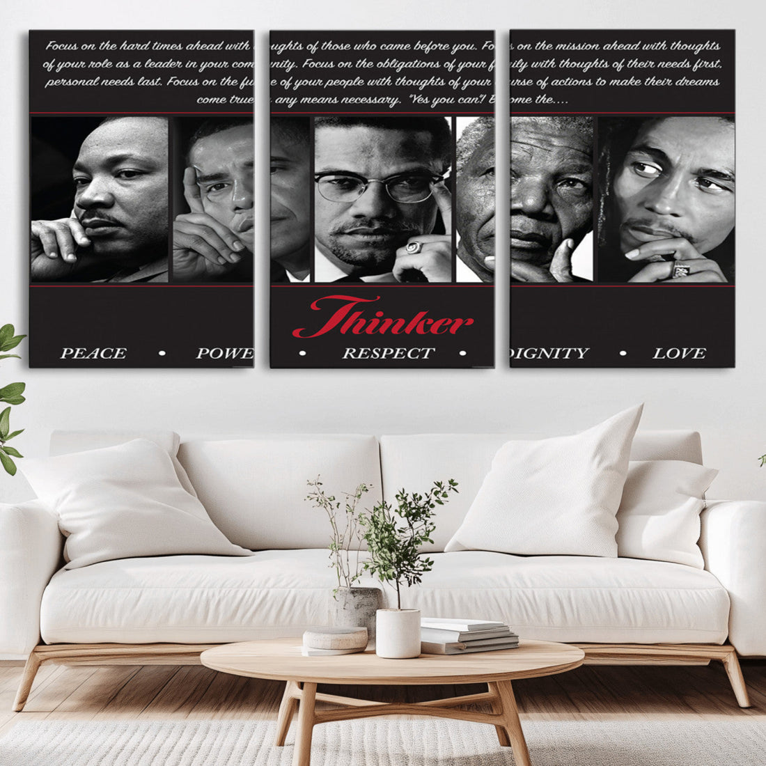 Thinker Quintet Canvas Wall Art | Martin, Obama, Malcolm X, Mandela, Marley, Peace Power Respect Dignity Love