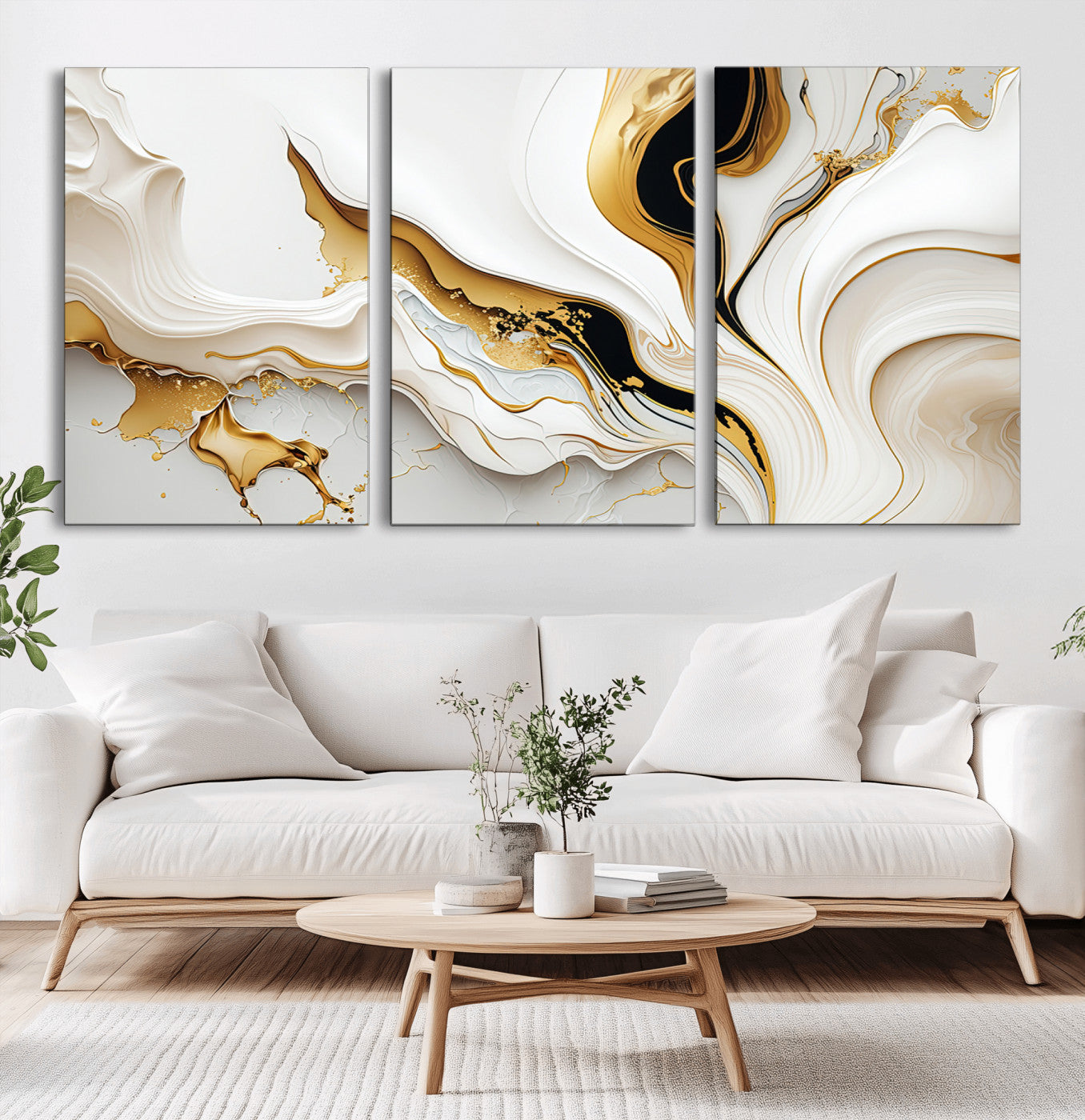 -Gold Waves on Pure White Canvas – Gold Abstract Art for Modern Interiors | Wall Art Canvas, Framed &